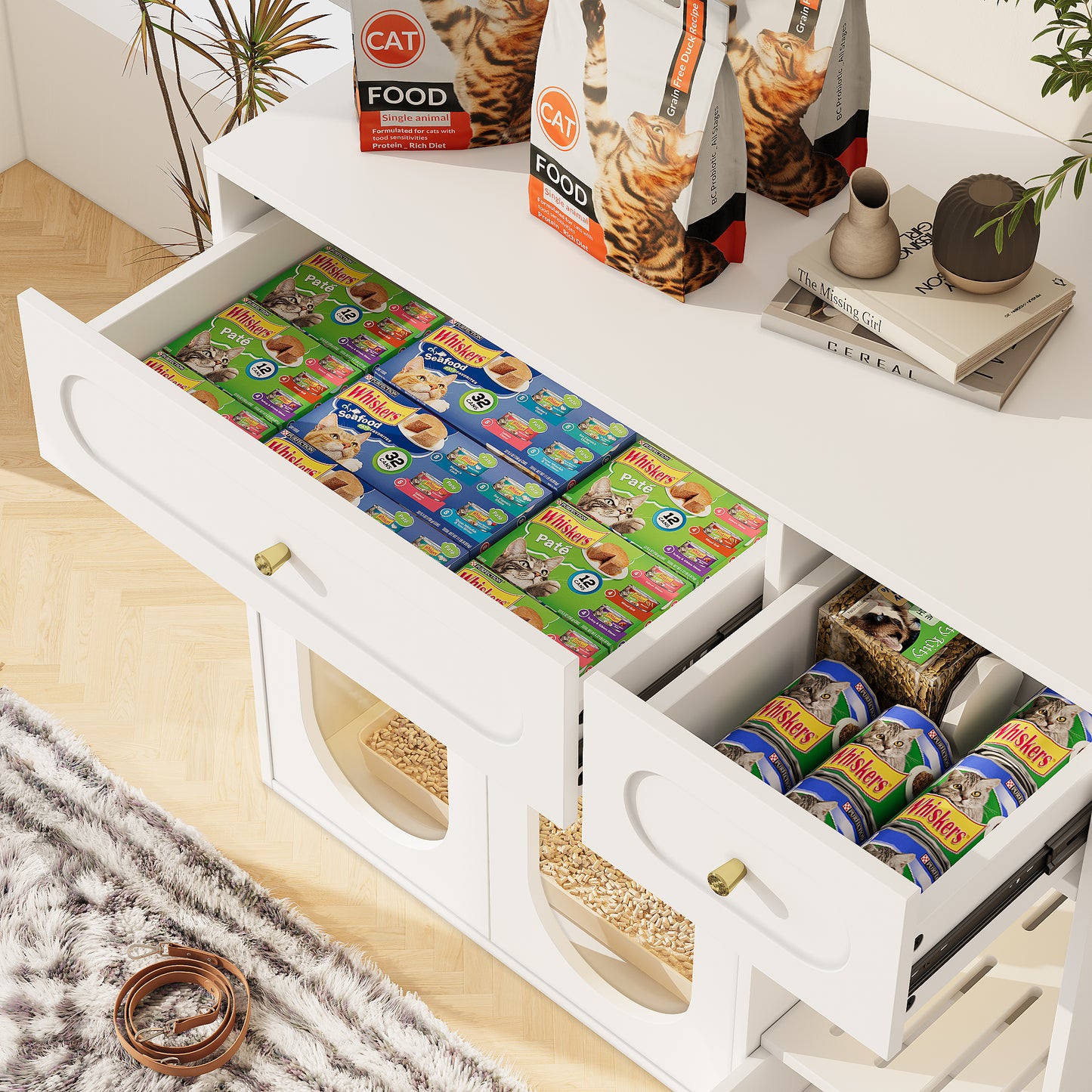 Cat Litter Box Enclosure with LED Light, Hidden Litter Box Furniture with Storage Drawers,Fit Most of Litter Box, Indoor Pet House with Acrylic Doors, End Table for Living Room