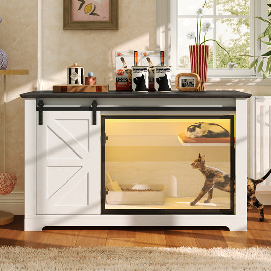 46" Farmhouse Cat Litter Box Enclosure with Sliding Barn Door, White Large Hidden Acrylic Door Cat Cabienet with LED Light, Cat Washroom Furniture with Storage Cabinet, Cat House Nightstand