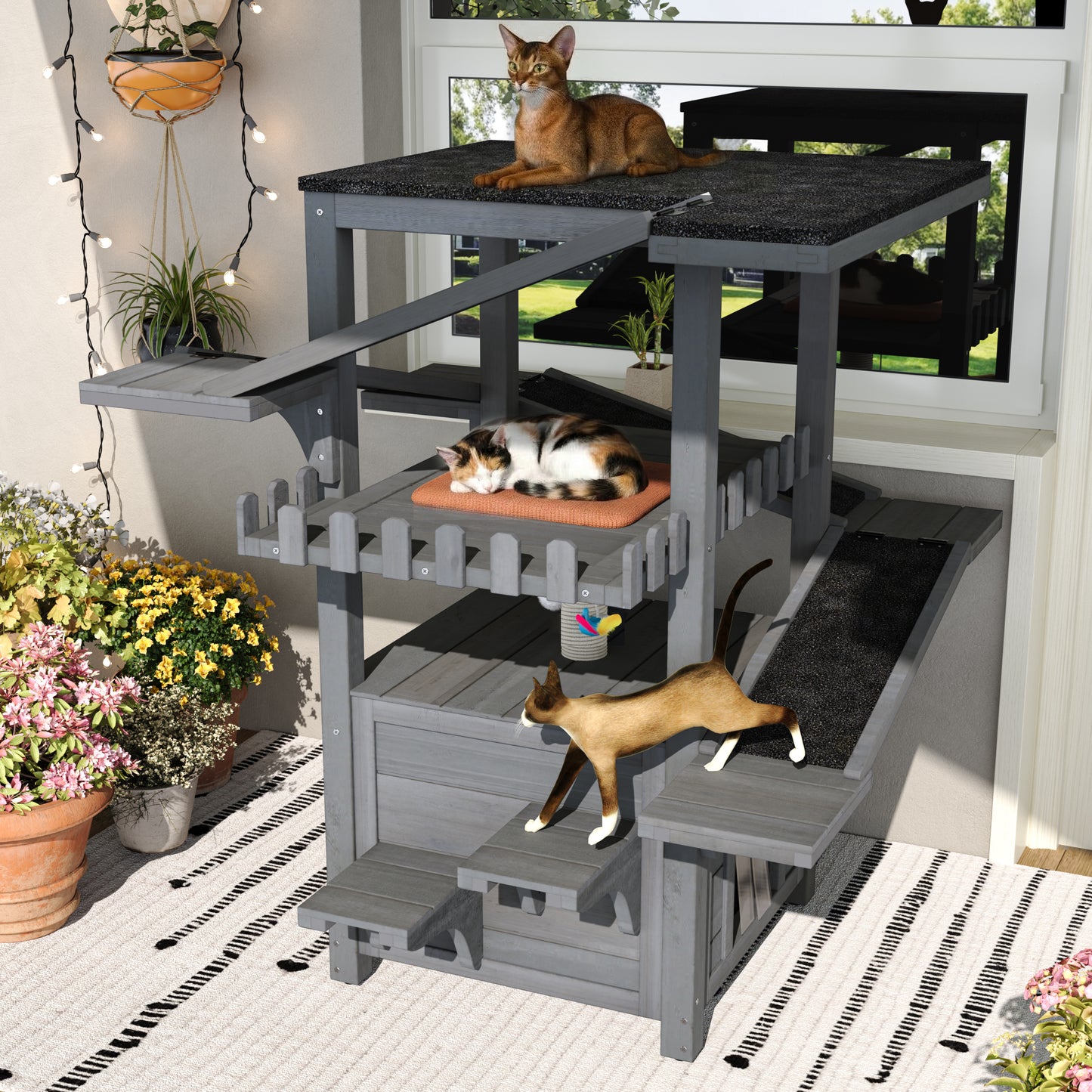 4 Tiers Outdoor Cat House Weatherproof Cat Tree Tower with Waterproof Roof and 2 Doors , Feral Cat Shelter Outside Enclosure, Multi-Level Play Zones with Balcony, for Small Animals