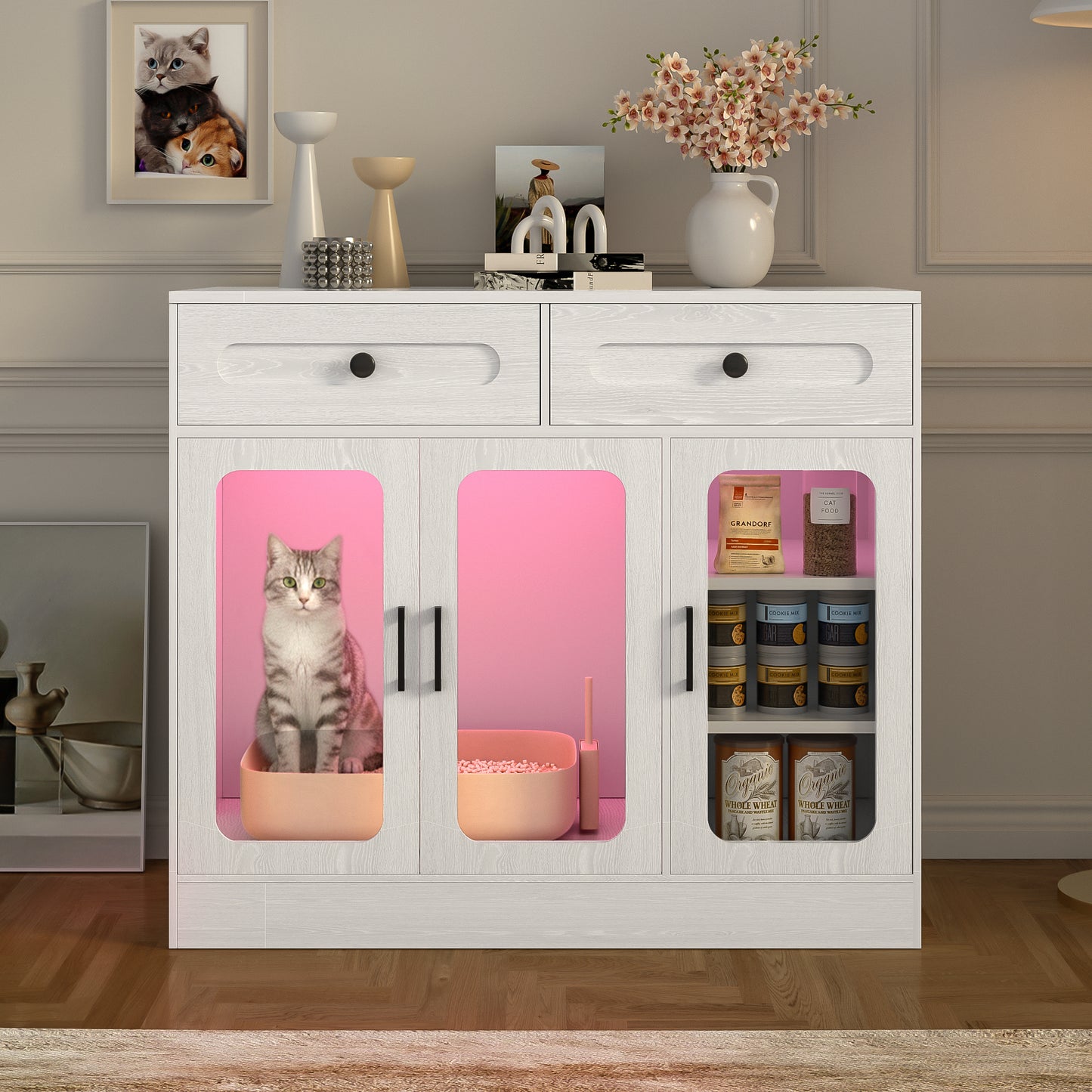 Cat Litter Box Enclosure, Large Hidden Kitty Cabinet with Glass Door, Side Access Door & Wood Grain Finish, Built-in Light and Storage Drawers, Indoor Cat House Side Table for Living Room