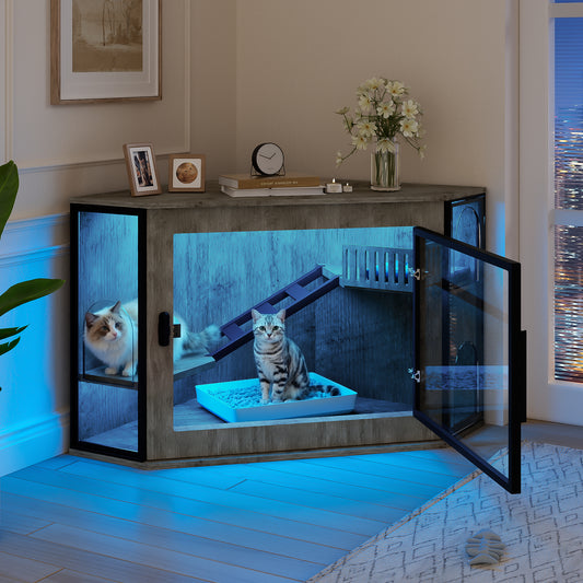 48" Corner Cat Litter Box Enclosure, Modern Hidden Litter Box Corner Cabinet with Acrylic Door and LED Light, Cat House with Playground and Stairs