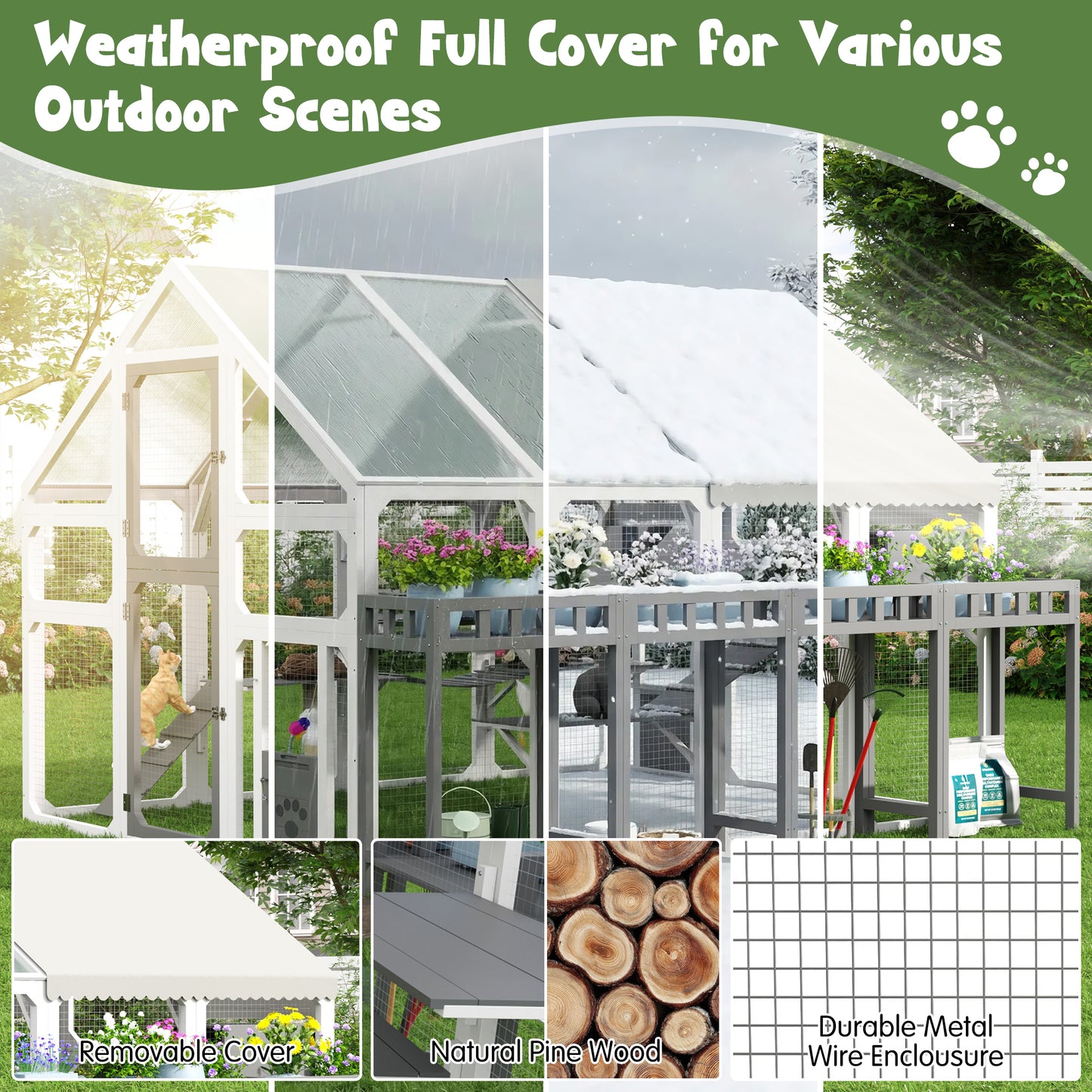 Large Outdoor Cat House with Planter Stand, Wooden Cat Enclosure with Resting Boxes for Multiple Kittens, Hanging Bridge, Platforms,Walk-In Catio Cage with Waterproof Proof Cover