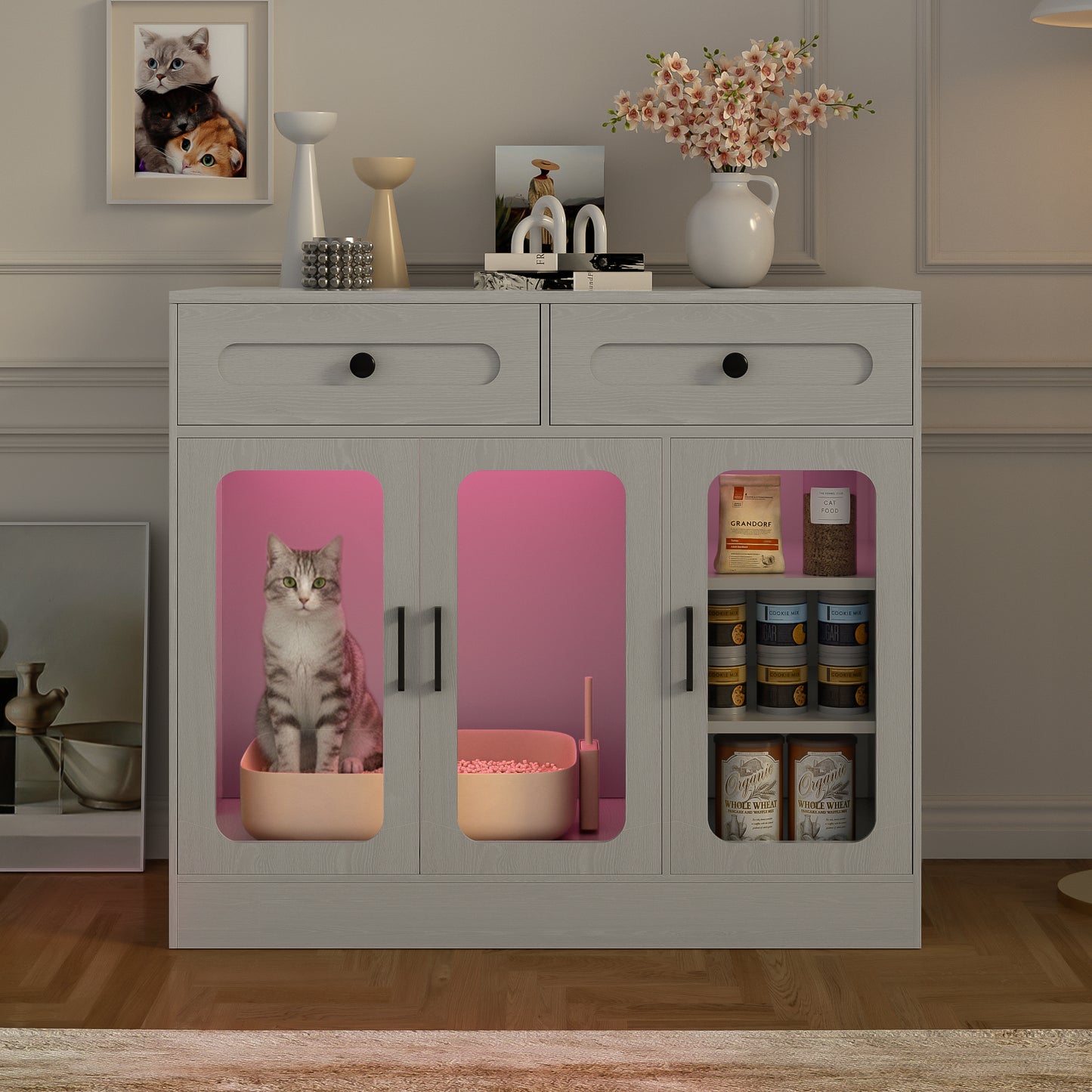 Cat Litter Box Enclosure, Large Hidden Kitty Cabinet with Glass Door, Side Access Door & Wood Grain Finish, Built-in Light and Storage Drawers, Indoor Cat House Side Table for Living Room