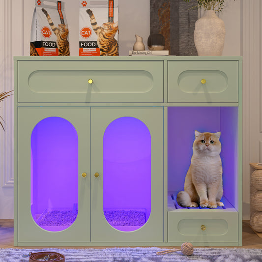 Cat Litter Box Enclosure with LED Light, Hidden Litter Box Furniture with Storage Drawers,Fit Most of Litter Box, Indoor Pet House with Acrylic Doors, End Table for Living Room