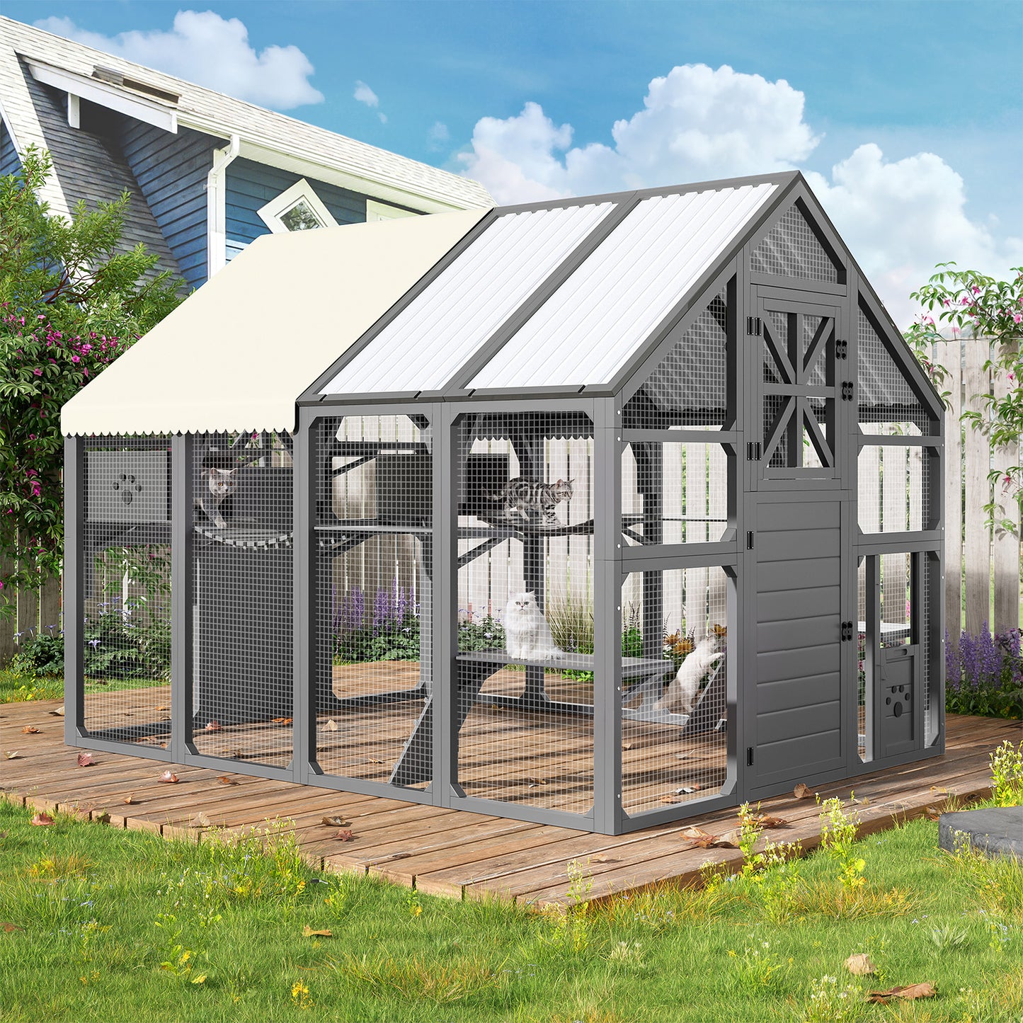 Extra Large Catio Outdoor Cat Enclosure, Walk-in Outdoor Pet House for Multiple Cats, Catio Cat Run Cage with Bridges, PVC Roof, Weatherproof Cover, 8 Platforms, 2 Resting Box