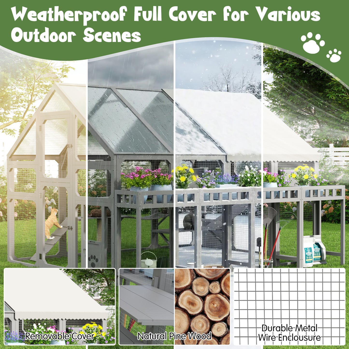 Large Outdoor Cat House with Planter Stand, Wooden Cat Enclosure with Resting Boxes for Multiple Kittens, Hanging Bridge, Platforms,Walk-In Catio Cage with Waterproof Proof Cover
