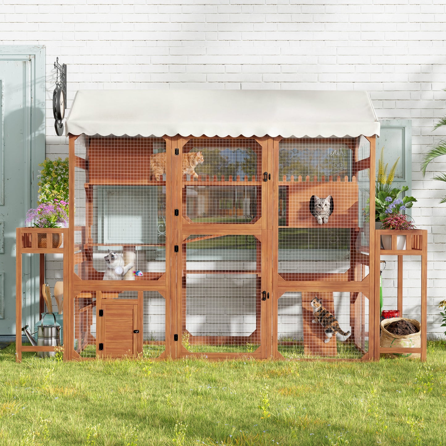 Large Outdoor Cat Enclosure Wooden Catio with 2 Plant Stands, Multi-Level Cat Playpen with Weather-Resistant Roof, Resting Box, Climbing Ramps & Wire Mesh for Backyard Patio