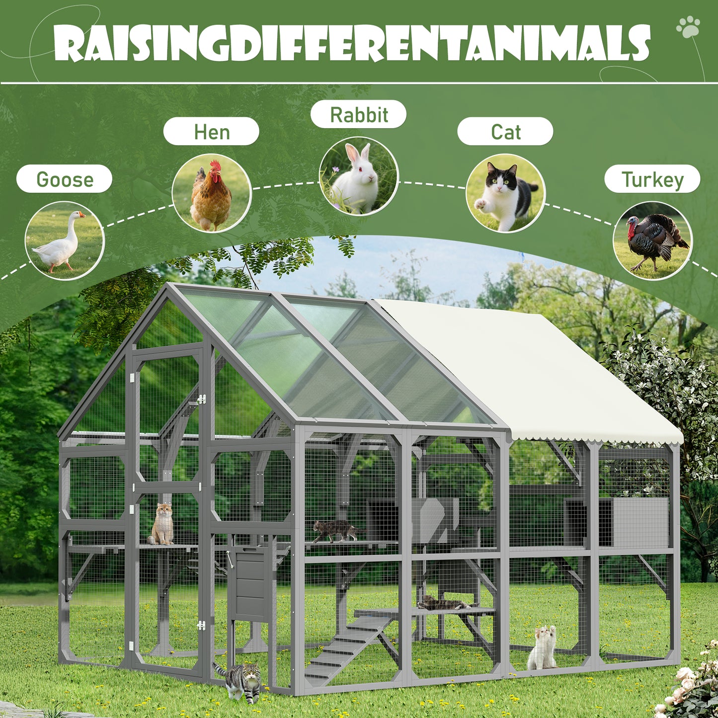 Large Catio Outdoor Cat Enclosure for Multiple Kittens, Wooden Cat House with 7 Platforms, 2 Resting Boxes, 1 Bridge and 1 Ramp, Walk in Kitty Cage Kennel with Sunshine Board Roof