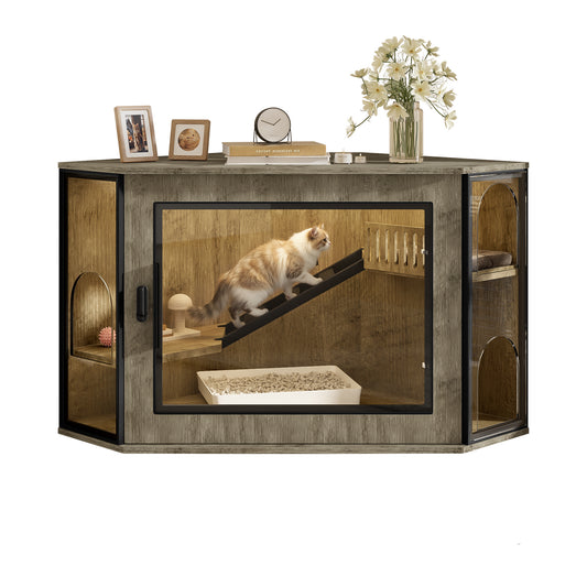 48" Corner Cat Litter Box Enclosure, Modern Hidden Litter Box Corner Cabinet with Acrylic Door and LED Light, Cat House with Playground and Stairs