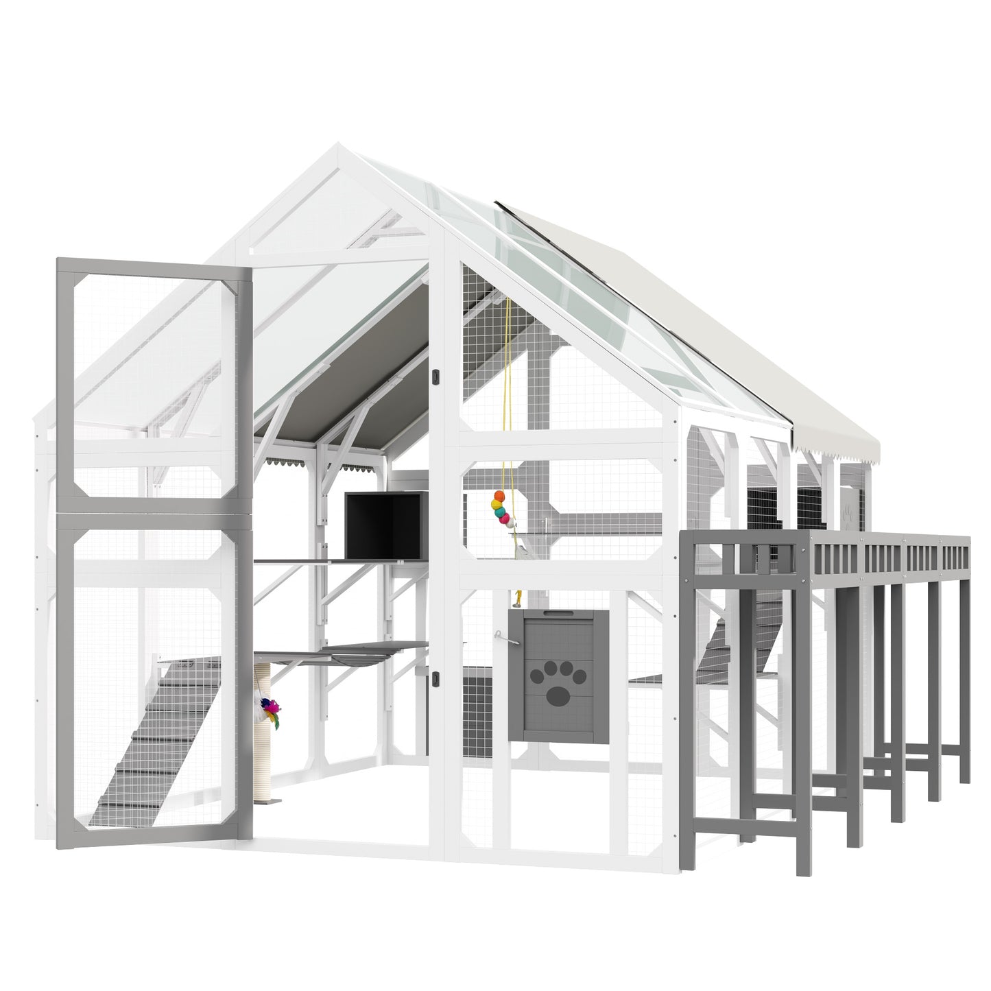 Large Outdoor Cat House with Planter Stand, Wooden Cat Enclosure with Resting Boxes for Multiple Kittens, Hanging Bridge, Platforms,Walk-In Catio Cage with Waterproof Proof Cover