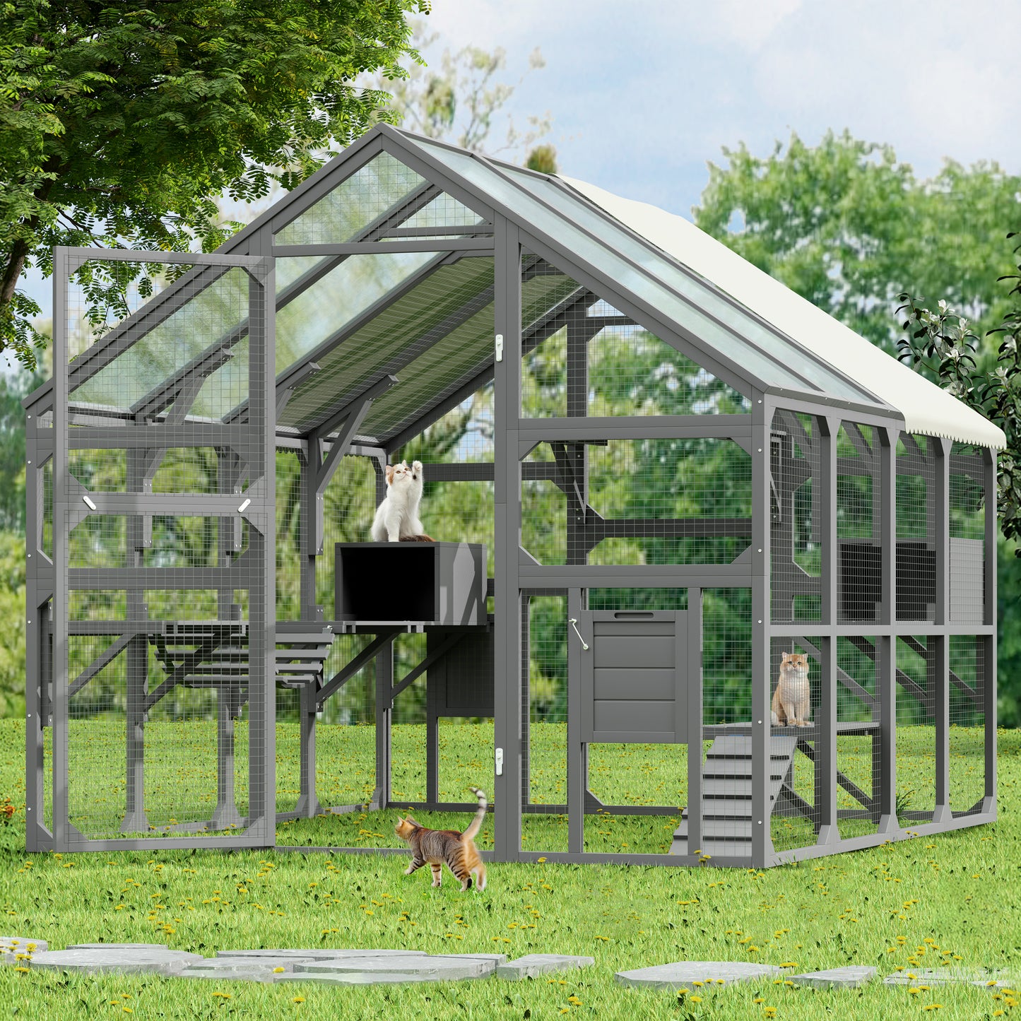 Large Catio Outdoor Cat Enclosure for Multiple Kittens, Wooden Cat House with 7 Platforms, 2 Resting Boxes, 1 Bridge and 1 Ramp, Walk in Kitty Cage Kennel with Sunshine Board Roof