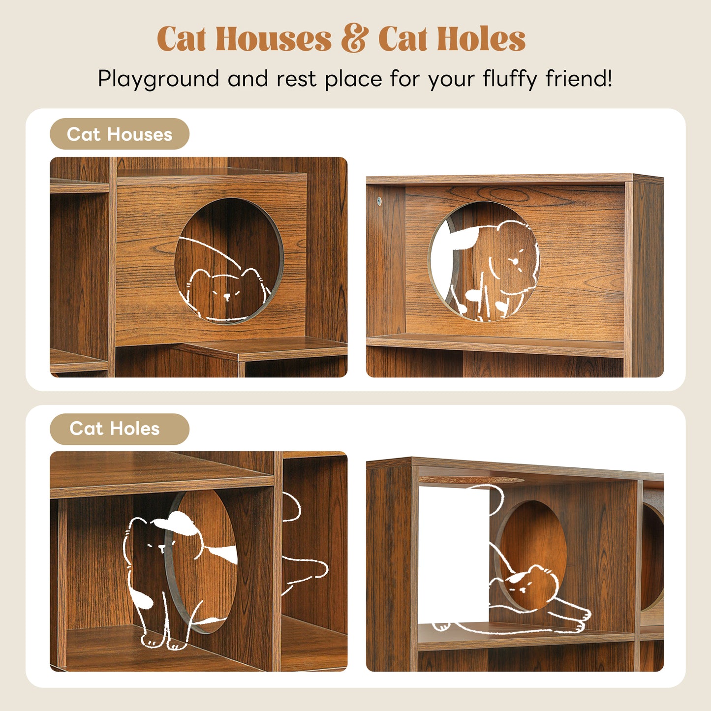 Modern 2 IN 1 Wood Bookshelf Cat House, Cat Tree Display Case with Storage, Cat Litter Box Enclosure Climbing Shelf