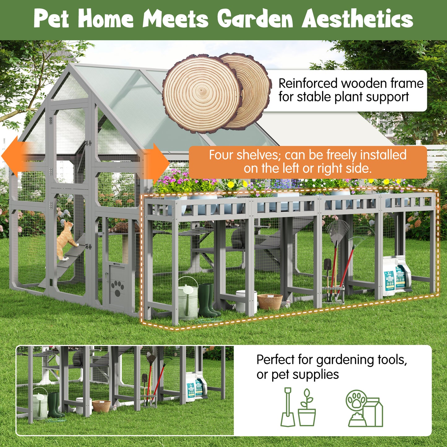Large Outdoor Cat House with Planter Stand, Wooden Cat Enclosure with Resting Boxes for Multiple Kittens, Hanging Bridge, Platforms,Walk-In Catio Cage with Waterproof Proof Cover