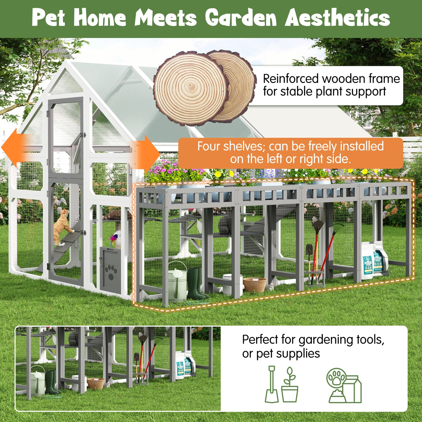 Large Outdoor Cat House with Planter Stand, Wooden Cat Enclosure with Resting Boxes for Multiple Kittens, Hanging Bridge, Platforms,Walk-In Catio Cage with Waterproof Proof Cover