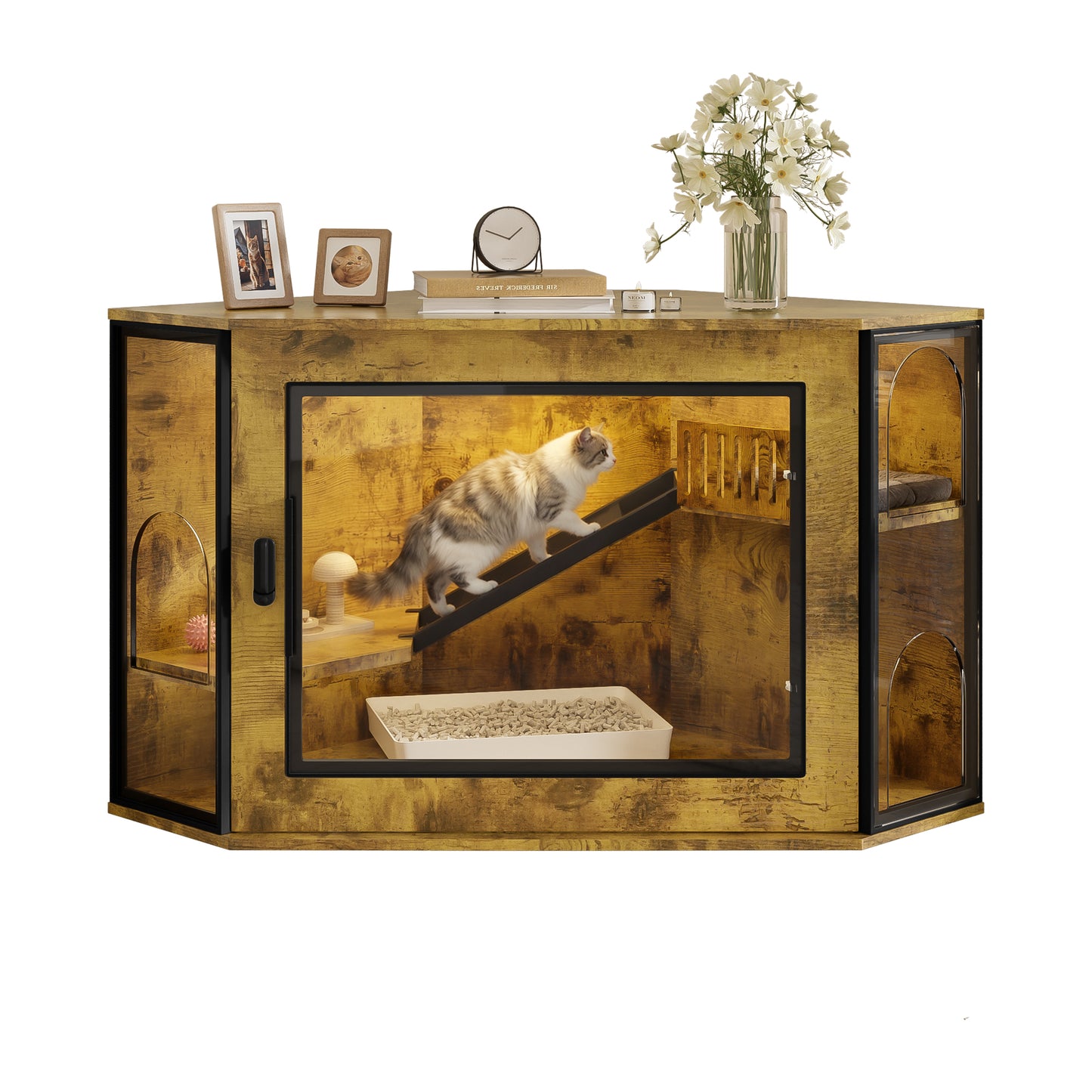 48" Corner Cat Litter Box Enclosure, Modern Hidden Litter Box Corner Cabinet with Acrylic Door and LED Light, Cat House with Playground and Stairs
