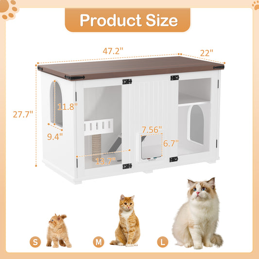 47.25" Large Cat Litter Box Enclosure with LED Light, Hidden Litter Box Furniture, Cat House with Stairs and Cat Scratching Post, Cat Cabinet Side Table with Smart Doors for Living Room