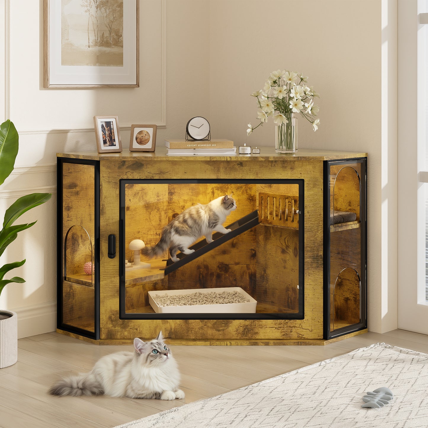 48" Corner Cat Litter Box Enclosure, Modern Hidden Litter Box Corner Cabinet with Acrylic Door and LED Light, Cat House with Playground and Stairs