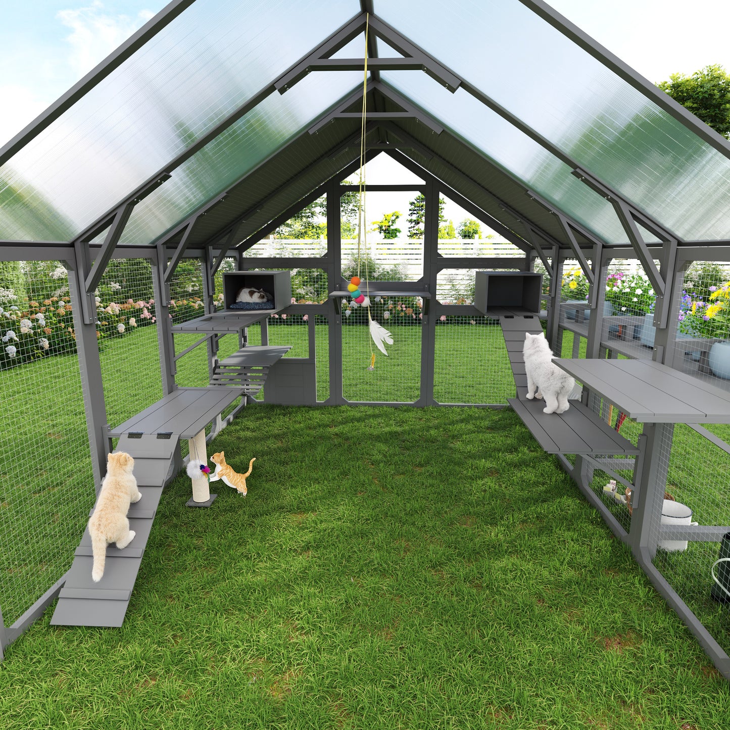 Large Outdoor Cat House with Planter Stand, Wooden Cat Enclosure with Resting Boxes for Multiple Kittens, Hanging Bridge, Platforms,Walk-In Catio Cage with Waterproof Proof Cover