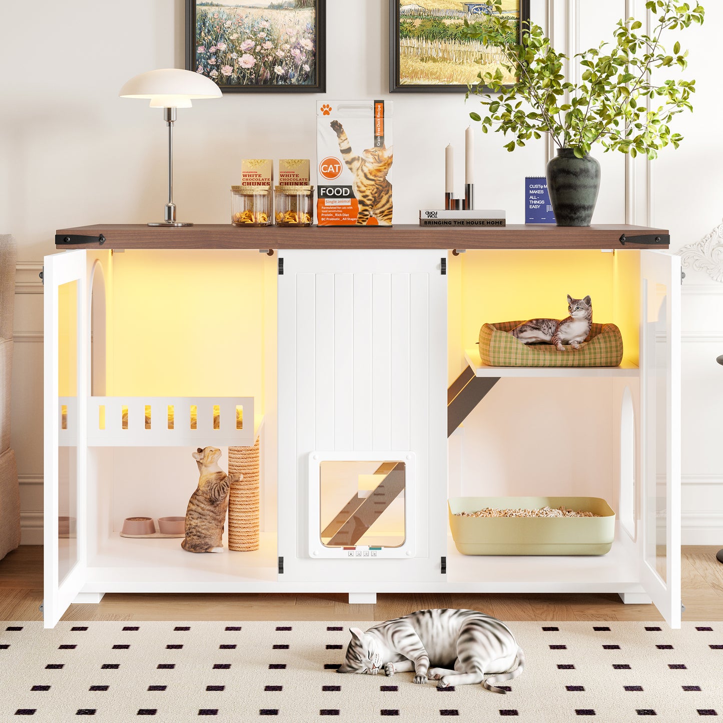 47.25" Large Cat Litter Box Enclosure with LED Light, Hidden Litter Box Furniture, Cat House with Stairs and Cat Scratching Post, Cat Cabinet Side Table with Smart Doors for Living Room