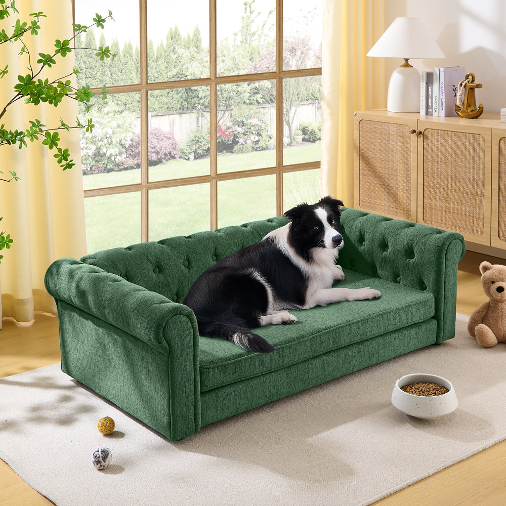 Elegant rectangular pet bed for big and oversized dogs, durable elevated dog sofa bed, comfortable dog sofa, modern and fashionable linen fabric dog sofa