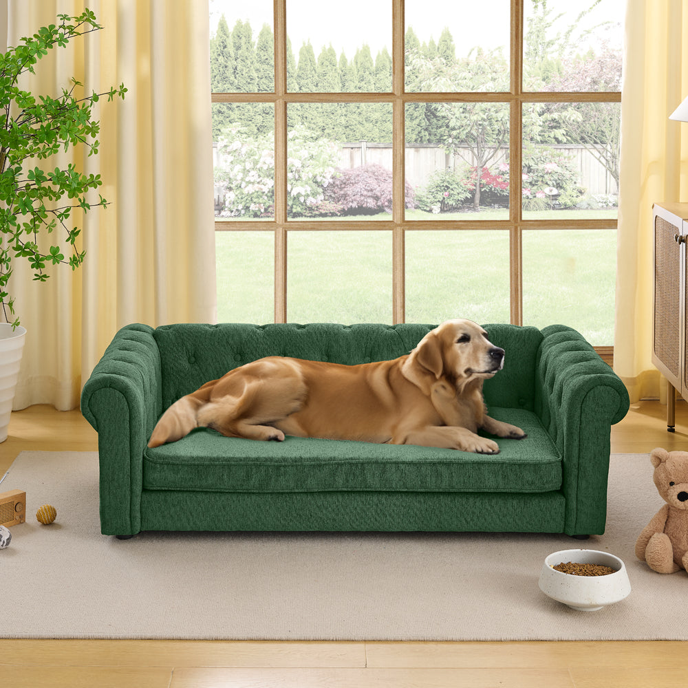 Elegant rectangular pet bed for big and oversized dogs, durable elevated dog sofa bed, comfortable dog sofa, modern and fashionable linen fabric dog sofa