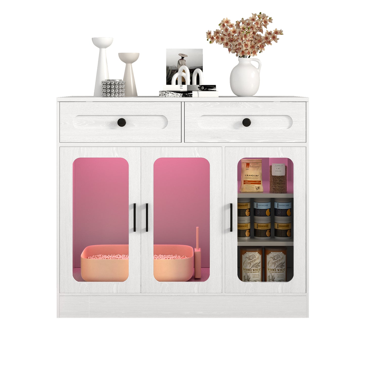 Cat Litter Box Enclosure, Large Hidden Kitty Cabinet with Glass Door, Side Access Door & Wood Grain Finish, Built-in Light and Storage Drawers, Indoor Cat House Side Table for Living Room