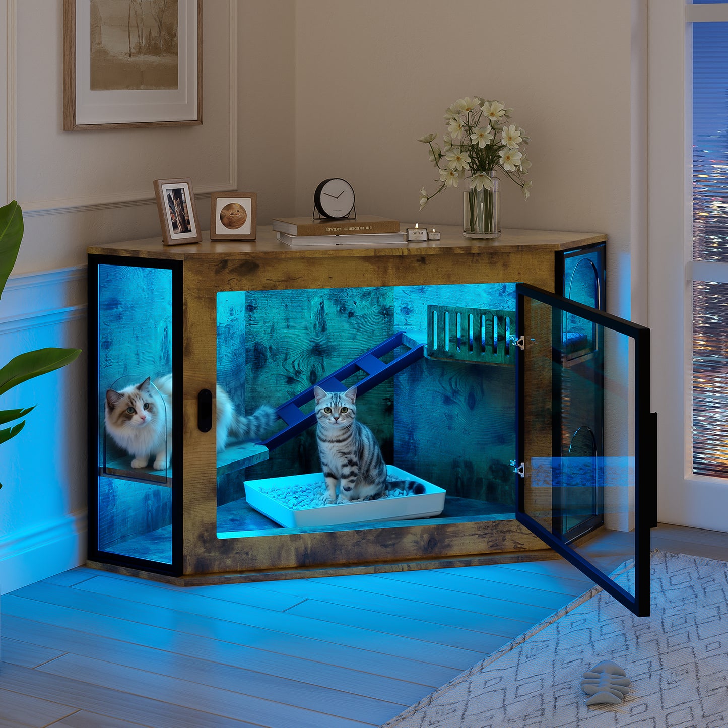 48" Corner Cat Litter Box Enclosure, Modern Hidden Litter Box Corner Cabinet with Acrylic Door and LED Light, Cat House with Playground and Stairs
