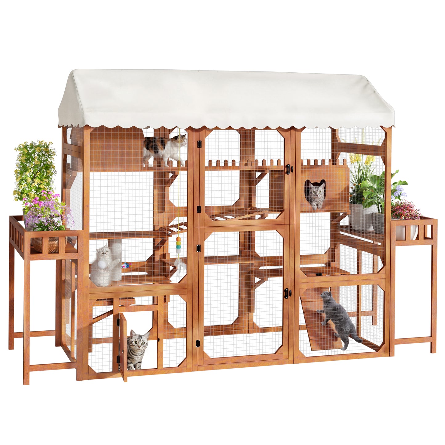 Large Outdoor Cat Enclosure Wooden Catio with 2 Plant Stands, Multi-Level Cat Playpen with Weather-Resistant Roof, Resting Box, Climbing Ramps & Wire Mesh for Backyard Patio