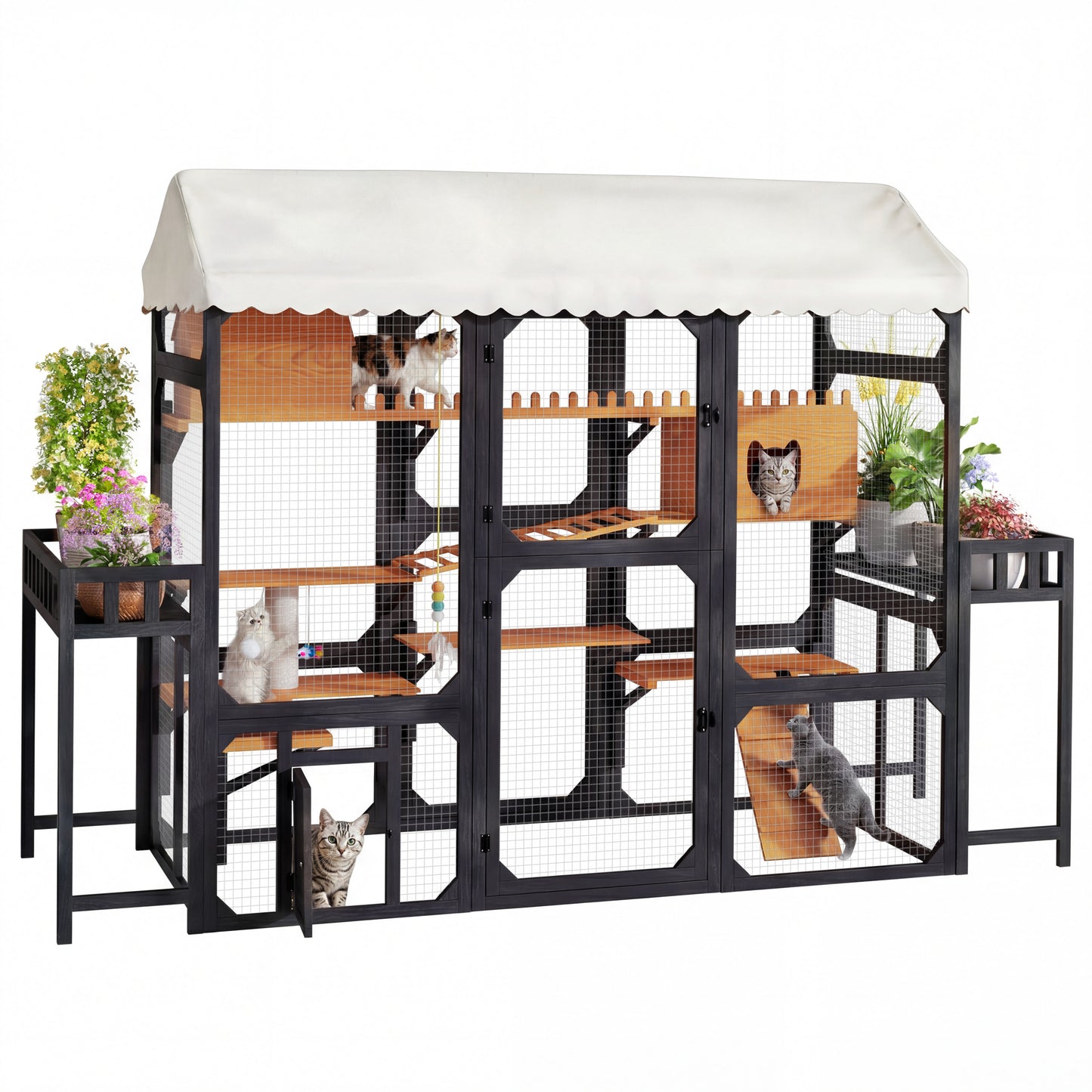 Large Outdoor Cat Enclosure Wooden Catio with 2 Plant Stands, Multi-Level Cat Playpen with Weather-Resistant Roof, Resting Box, Climbing Ramps & Wire Mesh for Backyard Patio