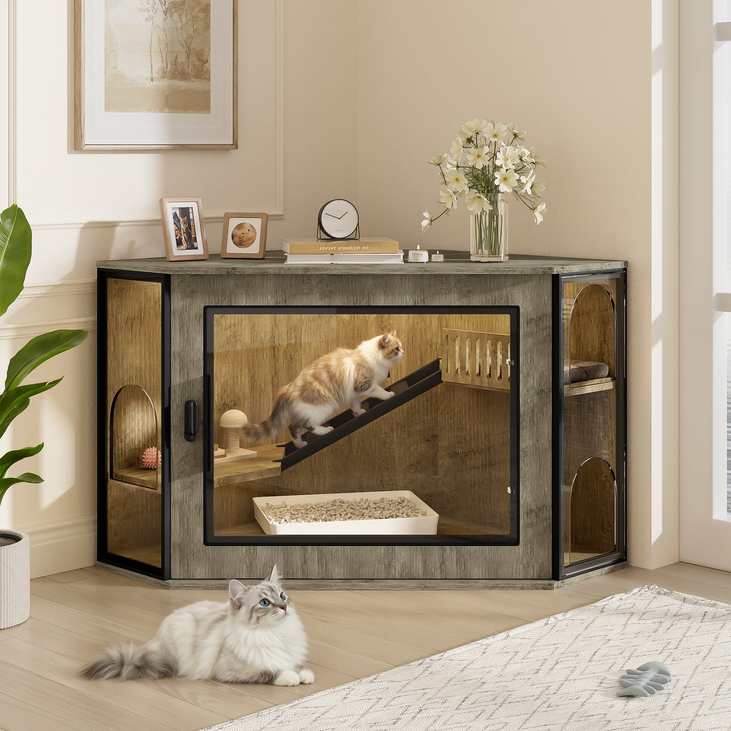 48" Corner Cat Litter Box Enclosure, Modern Hidden Litter Box Corner Cabinet with Acrylic Door and LED Light, Cat House with Playground and Stairs
