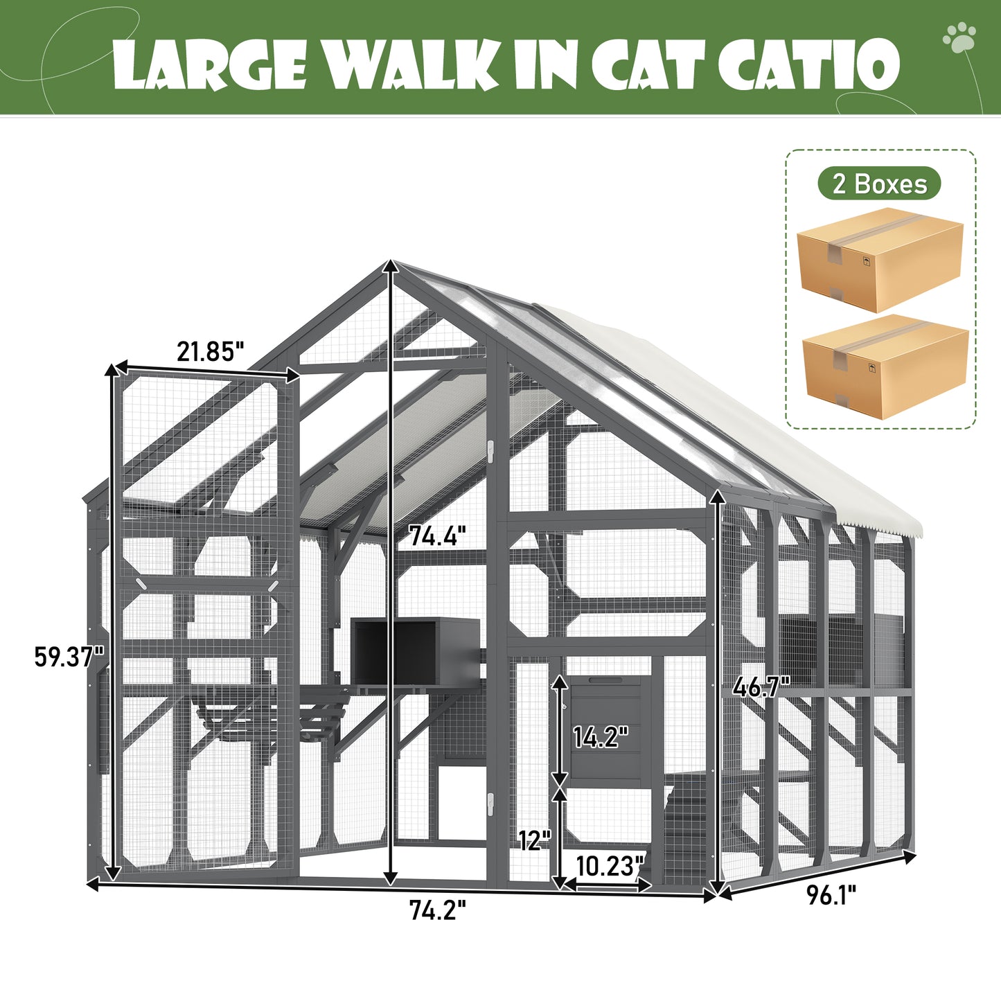 Large Catio Outdoor Cat Enclosure for Multiple Kittens, Wooden Cat House with 7 Platforms, 2 Resting Boxes, 1 Bridge and 1 Ramp, Walk in Kitty Cage Kennel with Sunshine Board Roof