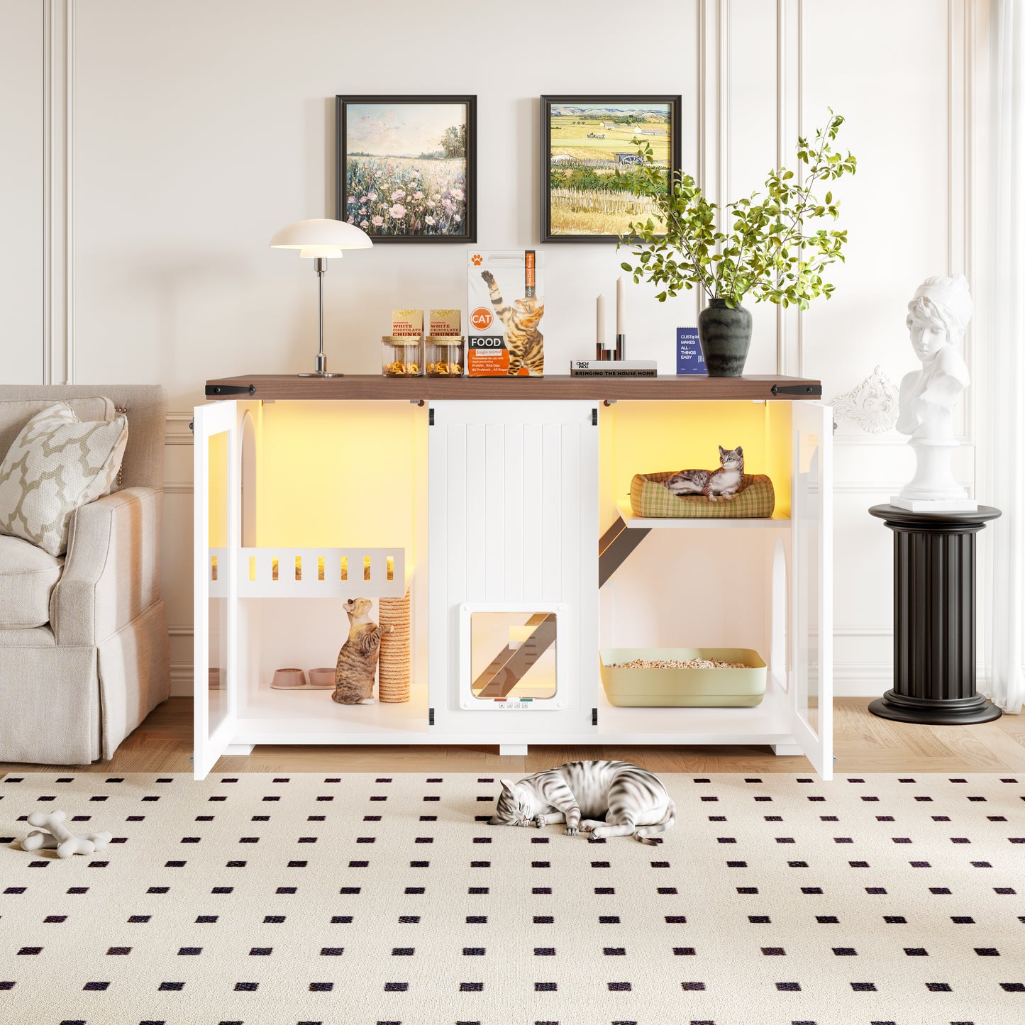 47.25" Large Cat Litter Box Enclosure with LED Light, Hidden Litter Box Furniture, Cat House with Stairs and Cat Scratching Post, Cat Cabinet Side Table with Smart Doors for Living Room