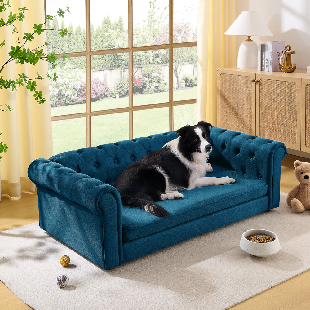 Elegant rectangular pet bed for big and oversized dogs, durable elevated dog sofa bed, comfortable dog sofa, modern and fashionable linen fabric dog sofa