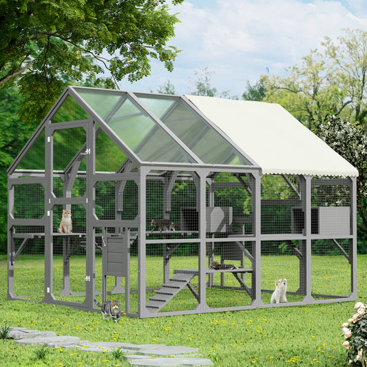 Large Catio Outdoor Cat Enclosure for Multiple Kittens, Wooden Cat House with 7 Platforms, 2 Resting Boxes, 1 Bridge and 1 Ramp, Walk in Kitty Cage Kennel with Sunshine Board Roof