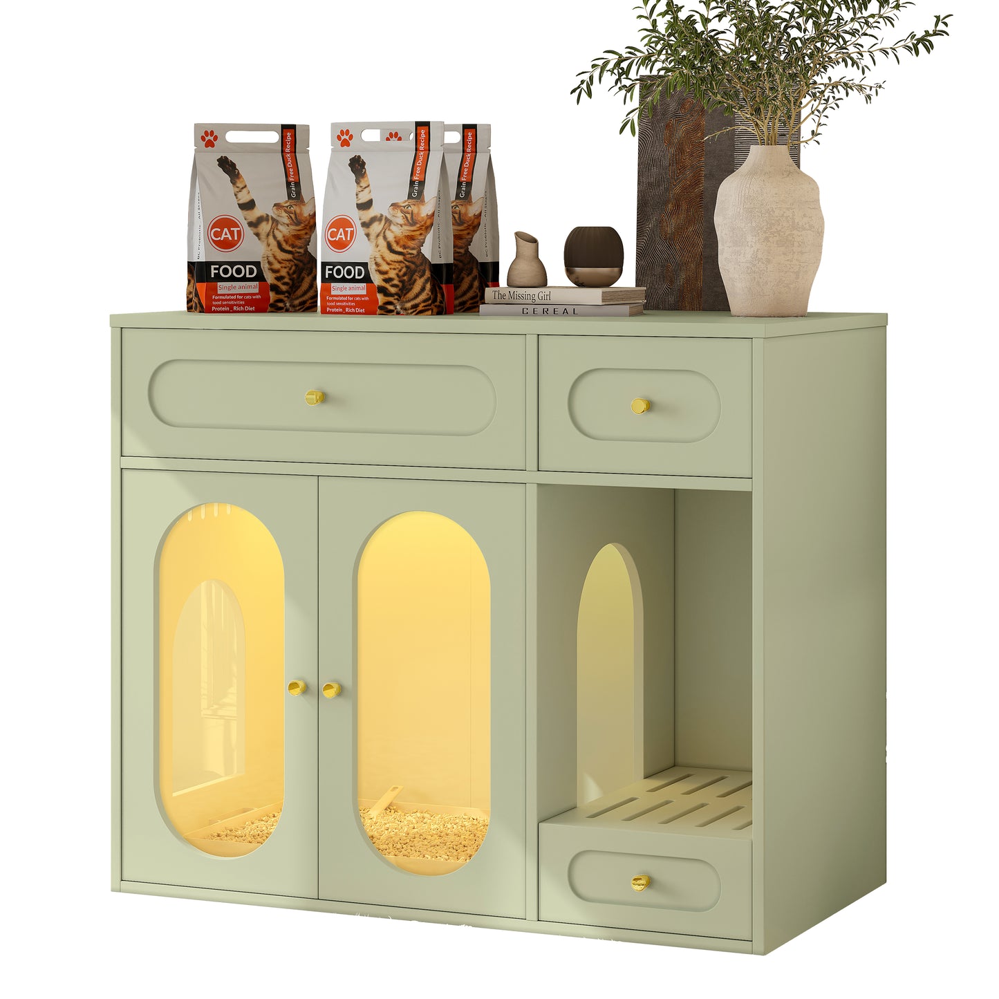 Cat Litter Box Enclosure with LED Light, Hidden Litter Box Furniture with Storage Drawers,Fit Most of Litter Box, Indoor Pet House with Acrylic Doors, End Table for Living Room