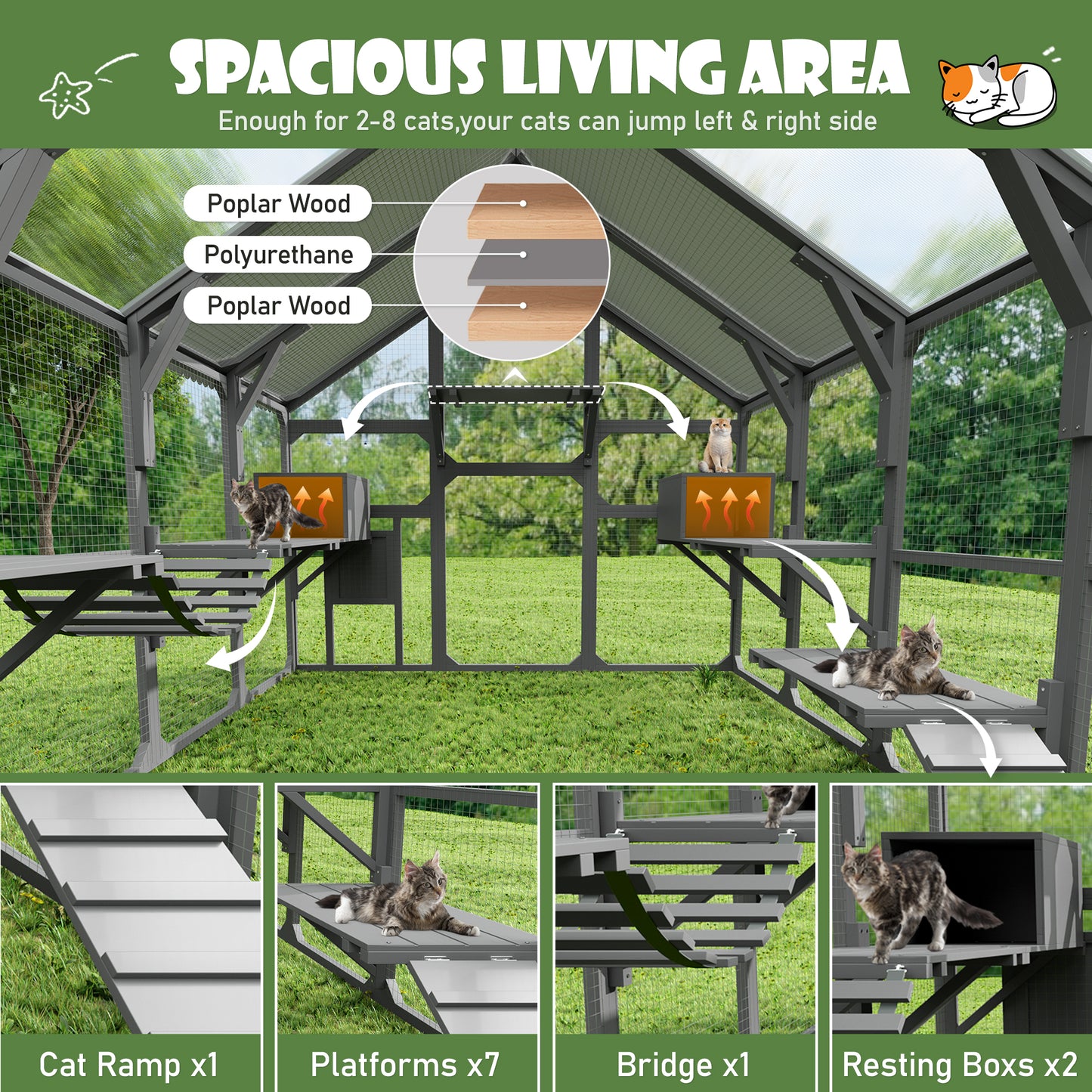 Large Catio Outdoor Cat Enclosure for Multiple Kittens, Wooden Cat House with 7 Platforms, 2 Resting Boxes, 1 Bridge and 1 Ramp, Walk in Kitty Cage Kennel with Sunshine Board Roof
