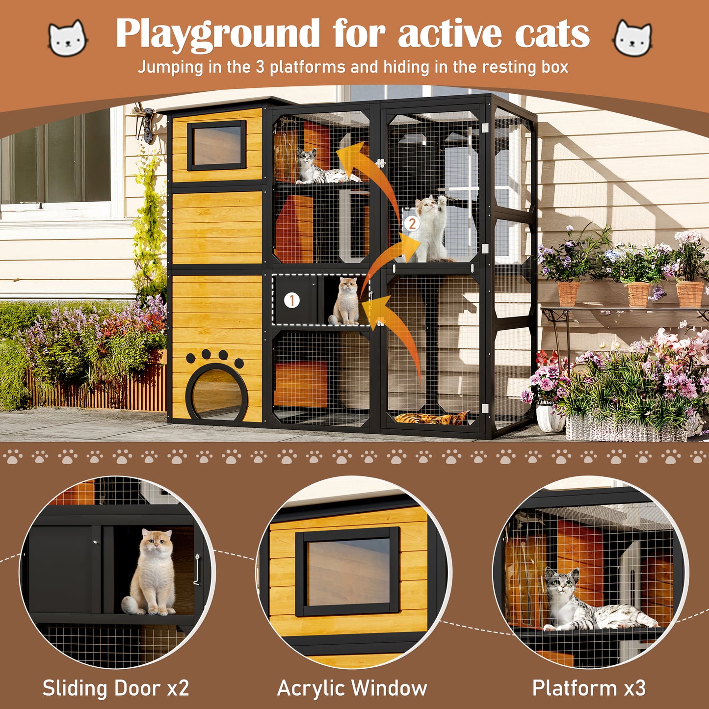Large Cat Catio 4 Tiers Cat Enclosure for Outdoor, Cat House Weatherproof Attached to Window for Multiple Cats with Platforms and Resting Rooms