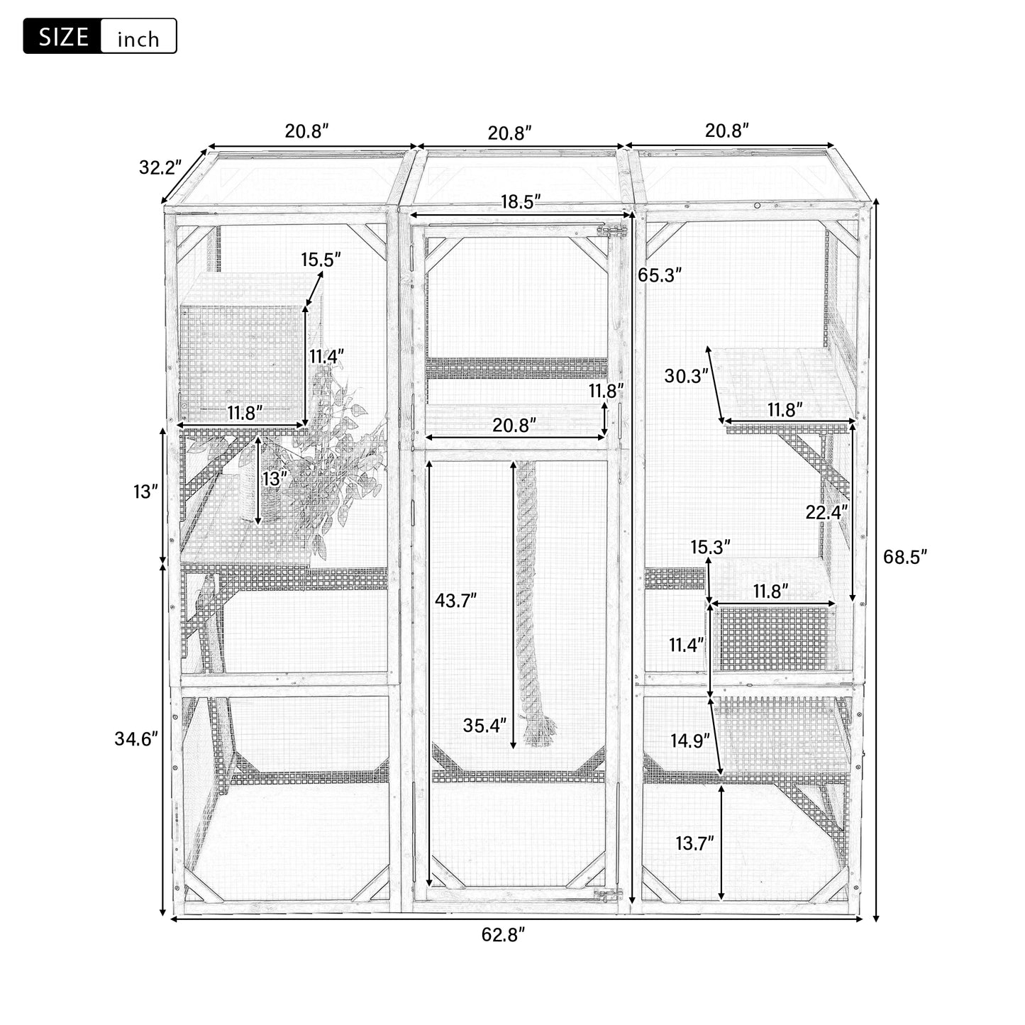 Outdoor Cat House, DIY Cat Enclosure, Cat Catio with Double Enter Doors, 62.8"L x 32.2"W x68.5"H Balcony Cat Playpen with Platforms and Two Condos for 1-3 Cats