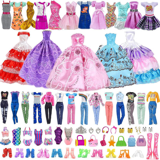 Cfowner 50 Pcs Doll Clothes Outfit for 11.5 Inch Doll, Doll Accessories Collection with 3 Princess Dresses+10 Dressest+6 Tops+6 Pants+5 Bikinis+5 Accessories+5 Bags+10 Shoes(Random Style)