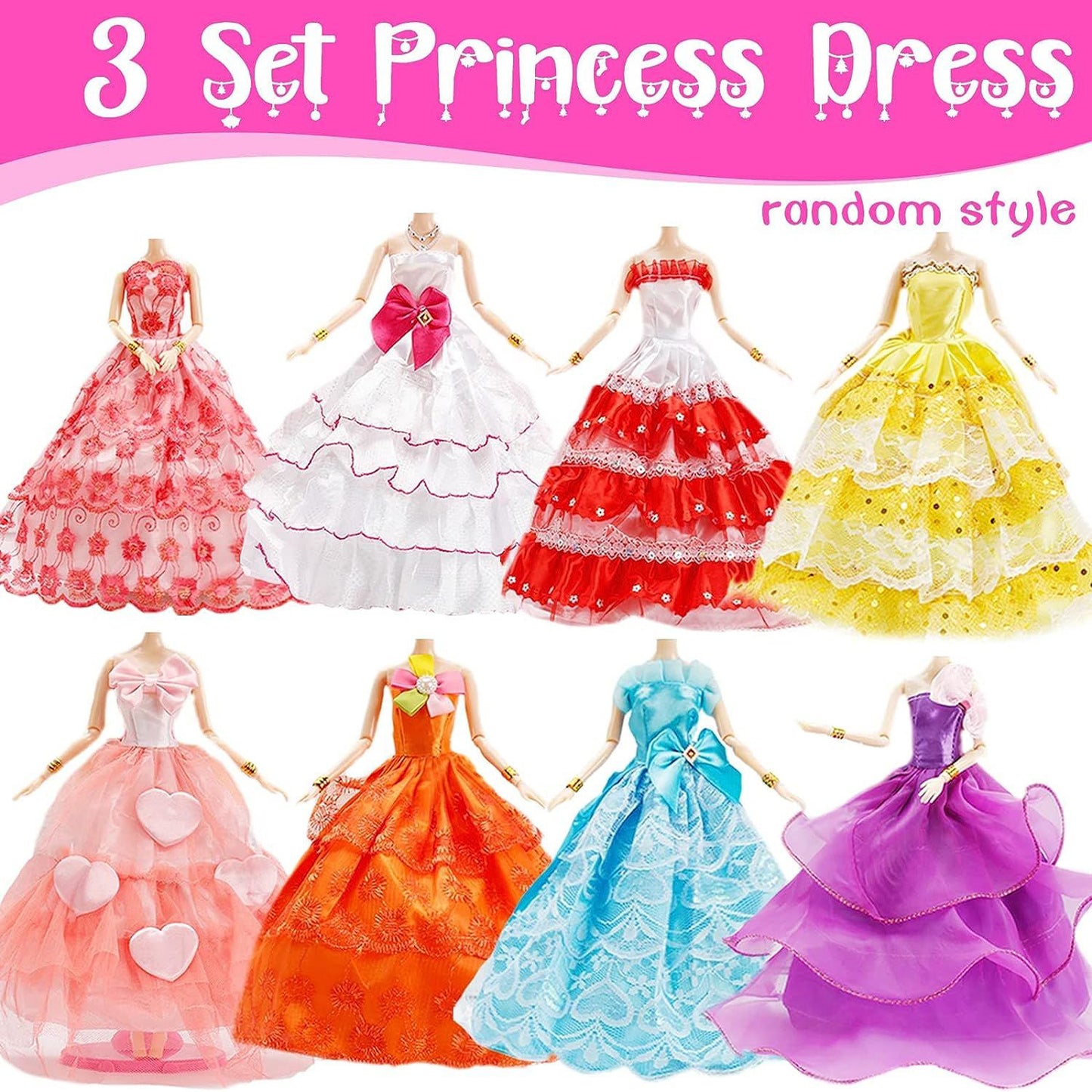 Cfowner 50 Pcs Doll Clothes Outfit for 11.5 Inch Doll, Doll Accessories Collection with 3 Princess Dresses+10 Dressest+6 Tops+6 Pants+5 Bikinis+5 Accessories+5 Bags+10 Shoes(Random Style)