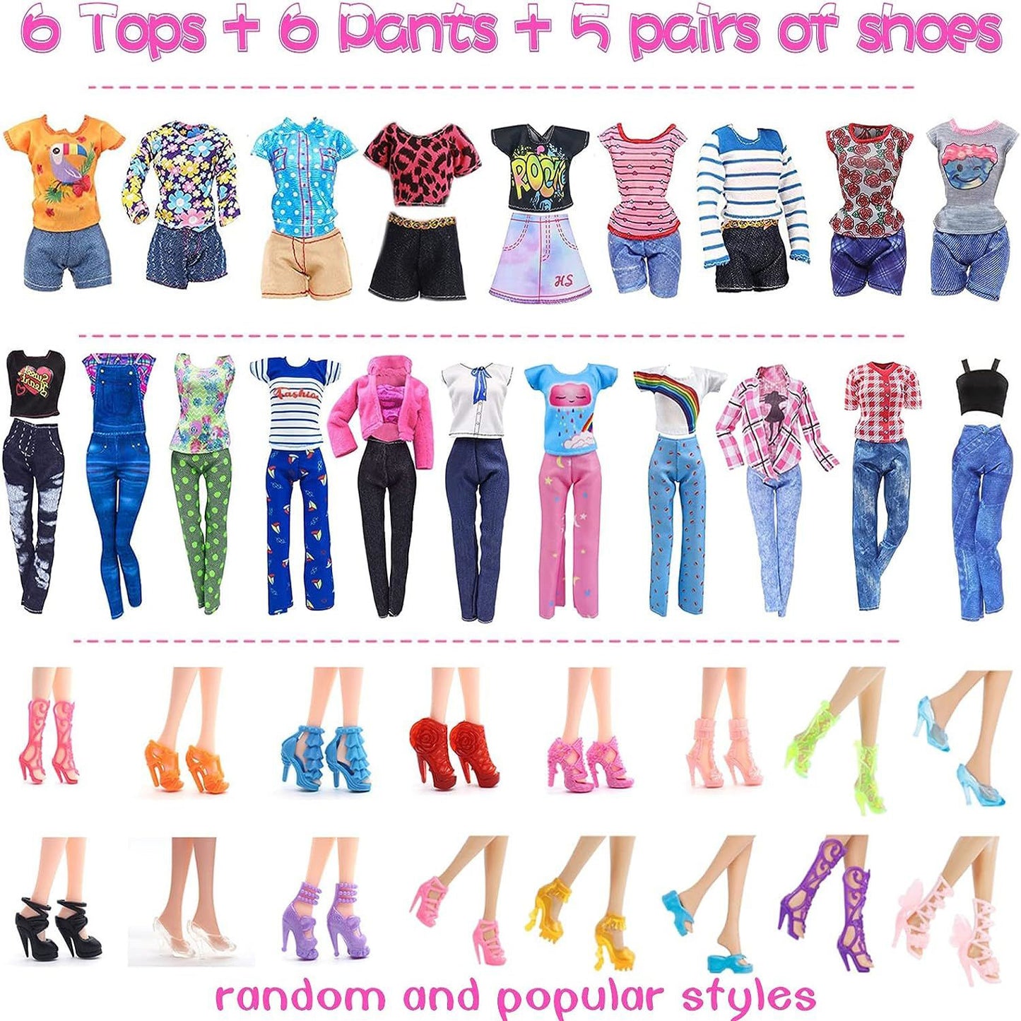 Cfowner 50 Pcs Doll Clothes Outfit for 11.5 Inch Doll, Doll Accessories Collection with 3 Princess Dresses+10 Dressest+6 Tops+6 Pants+5 Bikinis+5 Accessories+5 Bags+10 Shoes(Random Style)