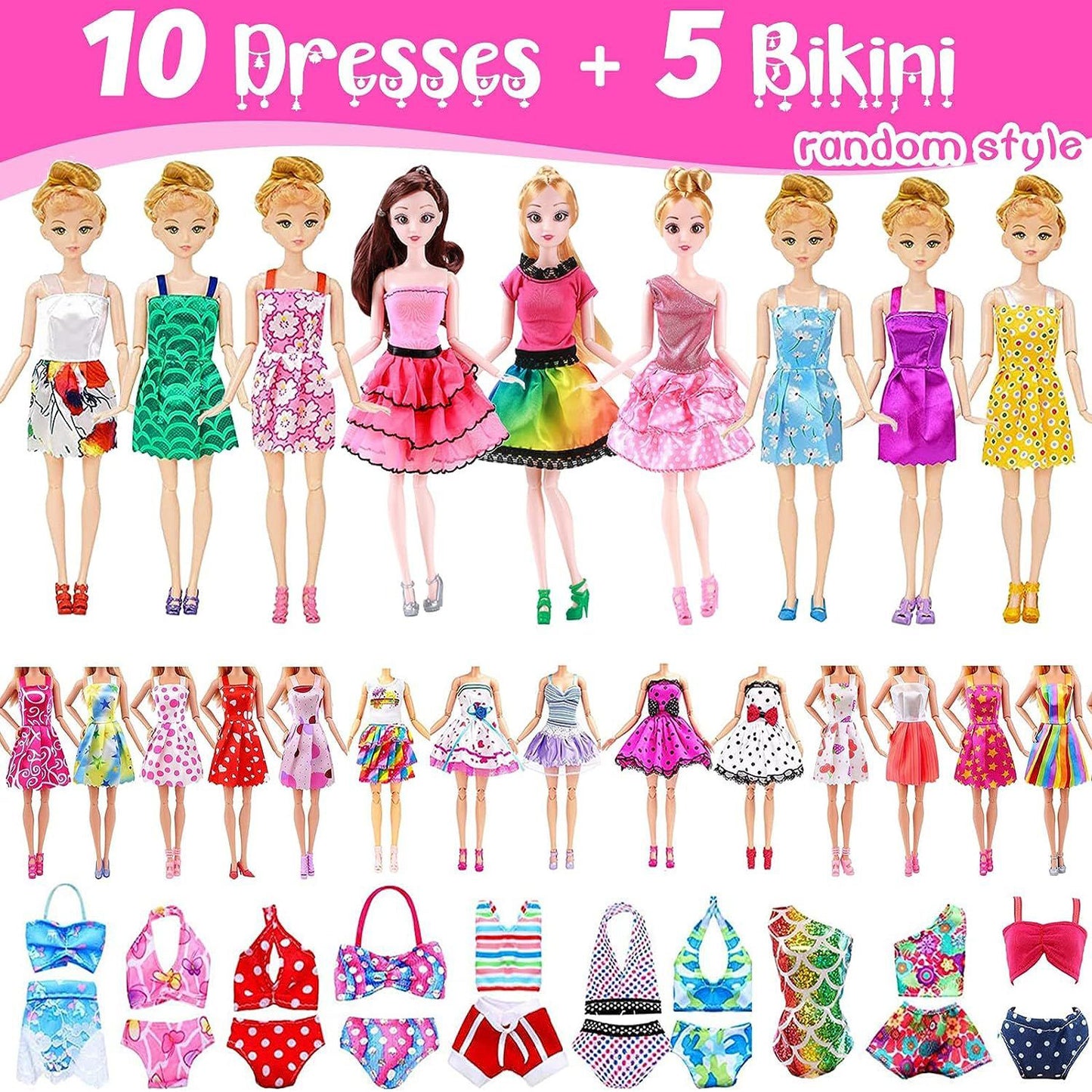 Cfowner 50 Pcs Doll Clothes Outfit for 11.5 Inch Doll, Doll Accessories Collection with 3 Princess Dresses+10 Dressest+6 Tops+6 Pants+5 Bikinis+5 Accessories+5 Bags+10 Shoes(Random Style)