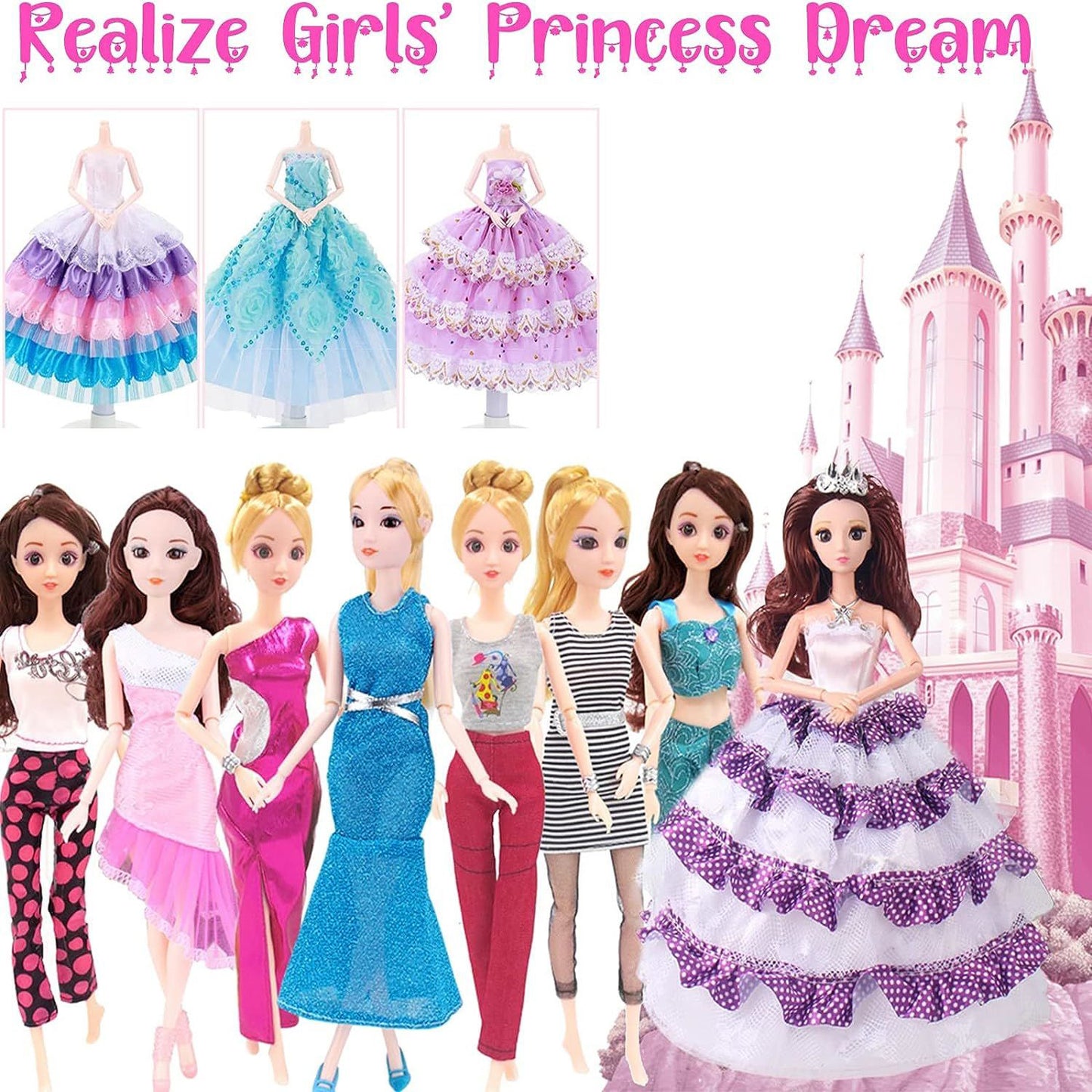 Cfowner 50 Pcs Doll Clothes Outfit for 11.5 Inch Doll, Doll Accessories Collection with 3 Princess Dresses+10 Dressest+6 Tops+6 Pants+5 Bikinis+5 Accessories+5 Bags+10 Shoes(Random Style)
