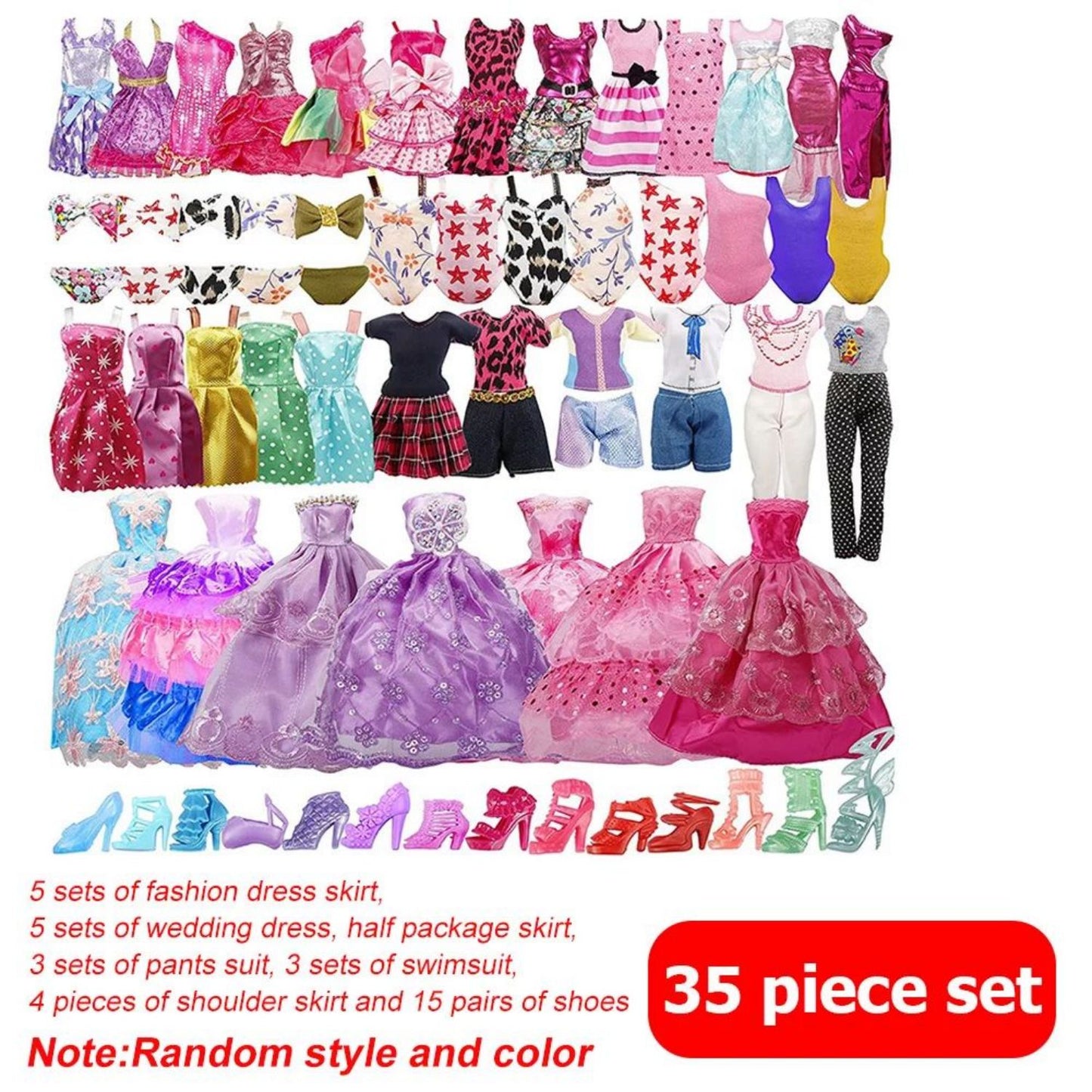 Cfowner 35 Pack Handmade Doll Clothes Including 5 Wedding Gown Dresses 5 Fashion Dresses 4 Braces Skirt 3 Tops and Pants 3 Bikini Swimsuits 15 Shoes for 11.5 Inch Dolls