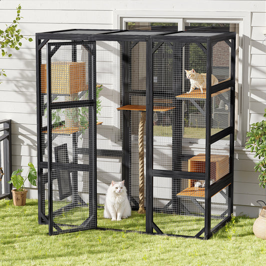 Outdoor Cat House, DIY Cat Enclosure, Cat Catio with Double Enter Doors, 62.8"L x 32.2"W x68.5"H Balcony Cat Playpen with Platforms and Two Condos for 1-3 Cats