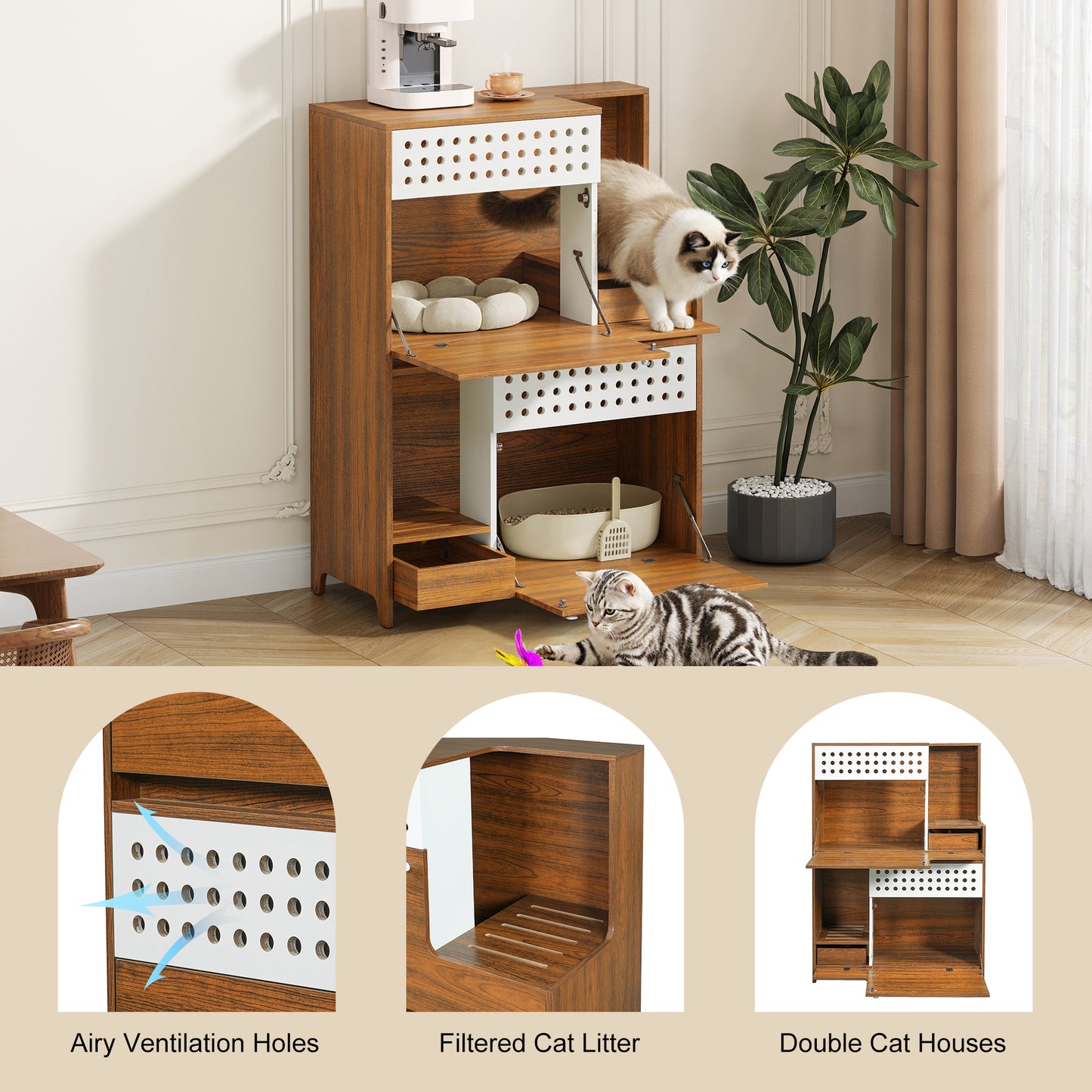 Modern 2 IN 1 Cat Furniture, Cat Litter Box Enclosure Side Table, Cat House with Storage, for 2 Small-Medium Sized Cats