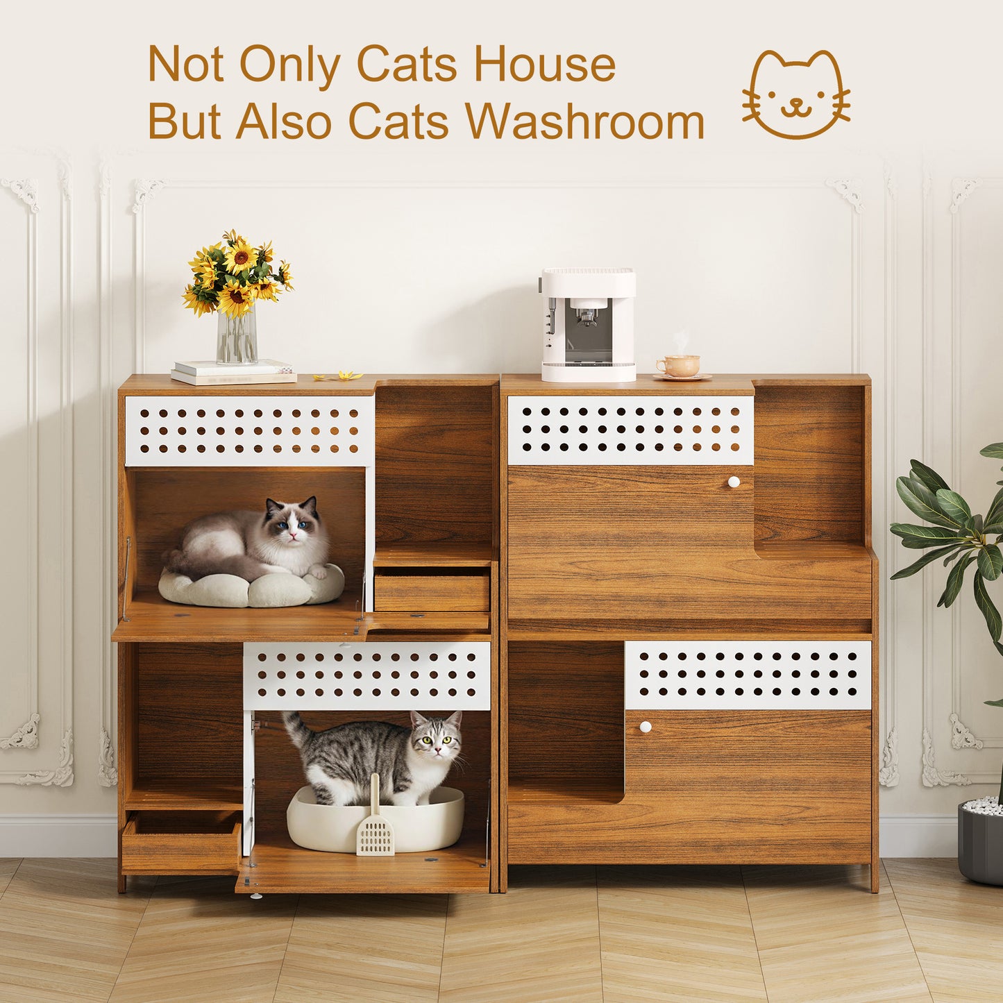 Modern 2 IN 1 Cat Furniture, Cat Litter Box Enclosure Side Table, Cat House with Storage, for 2 Small-Medium Sized Cats