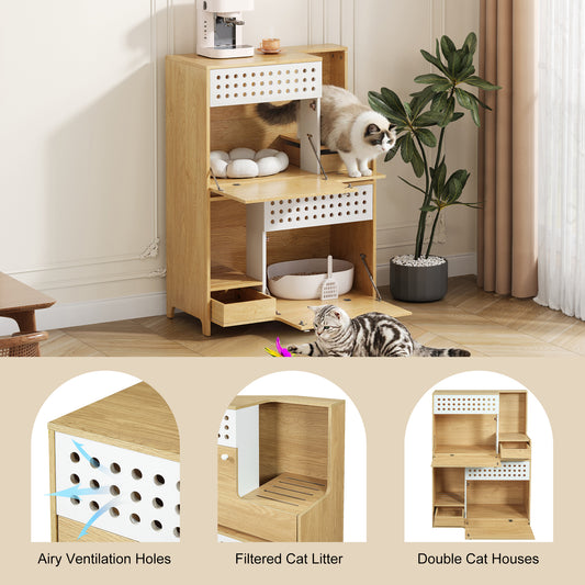 Modern 2 IN 1 Cat Furniture, Cat Litter Box Enclosure Side Table, Cat House with Storage, for 2 Small-Medium Sized Cats