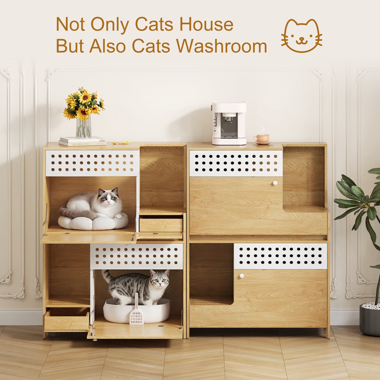 Modern 2 IN 1 Cat Furniture, Cat Litter Box Enclosure Side Table, Cat House with Storage, for 2 Small-Medium Sized Cats
