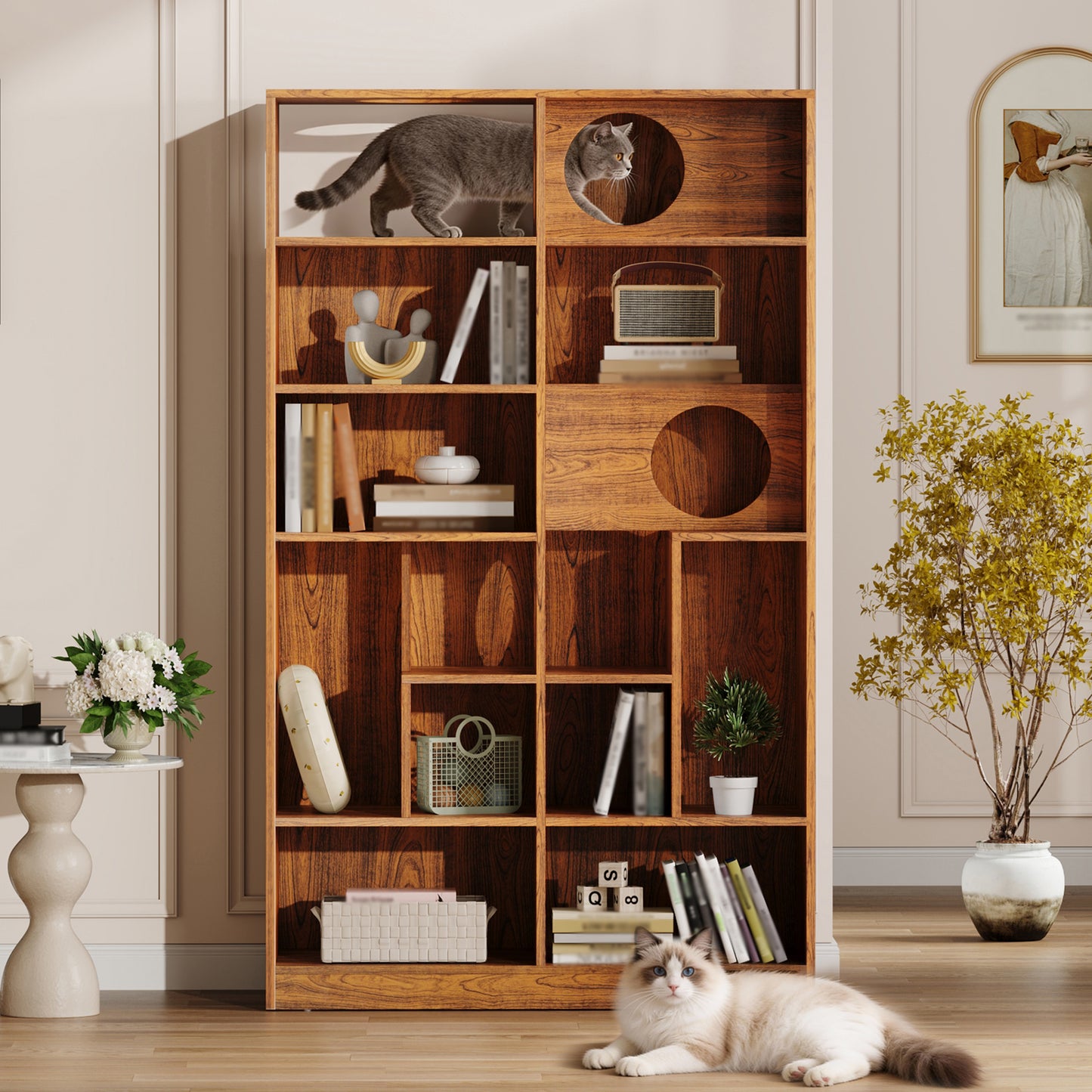 Modern 2 IN 1 Wood Bookshelf Cat House, Cat Tree Display Case with Storage, Cat Litter Box Enclosure Climbing Shelf